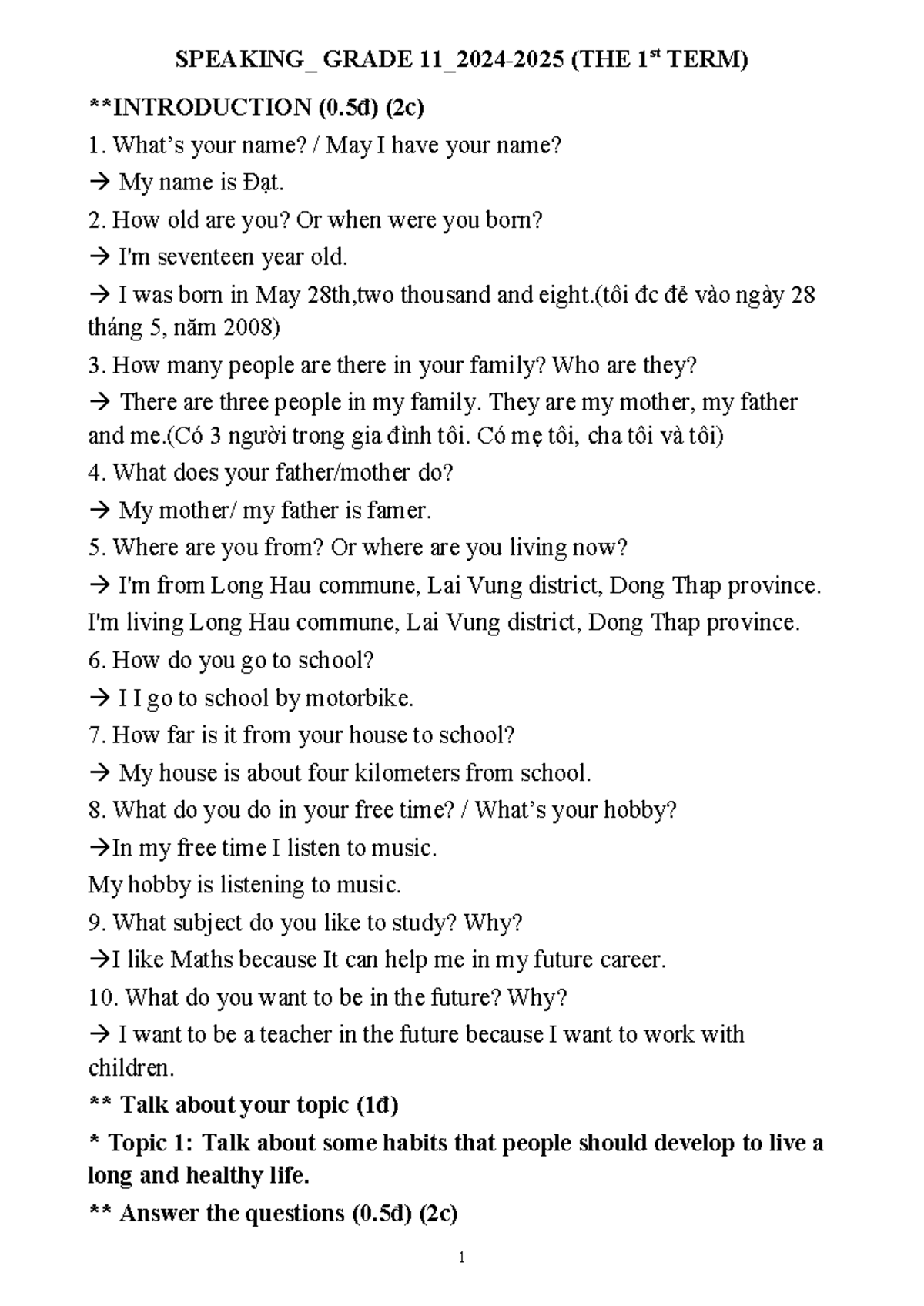 Speaking Exam Notes HKI Grade 11 2024-2025 - Studocu