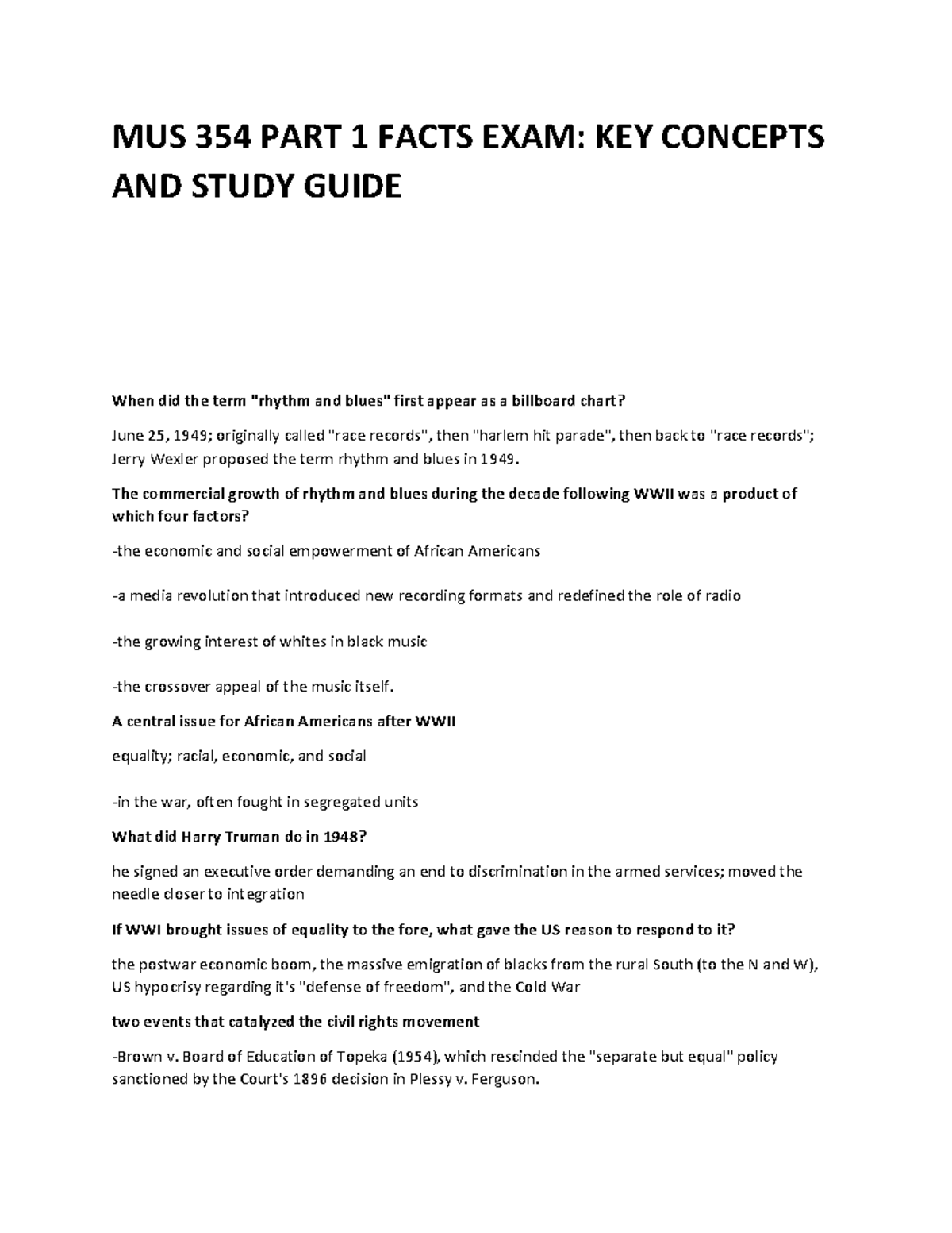 MUS 354 PART 1: Key Concepts Study Guide for Final Exam - Studocu