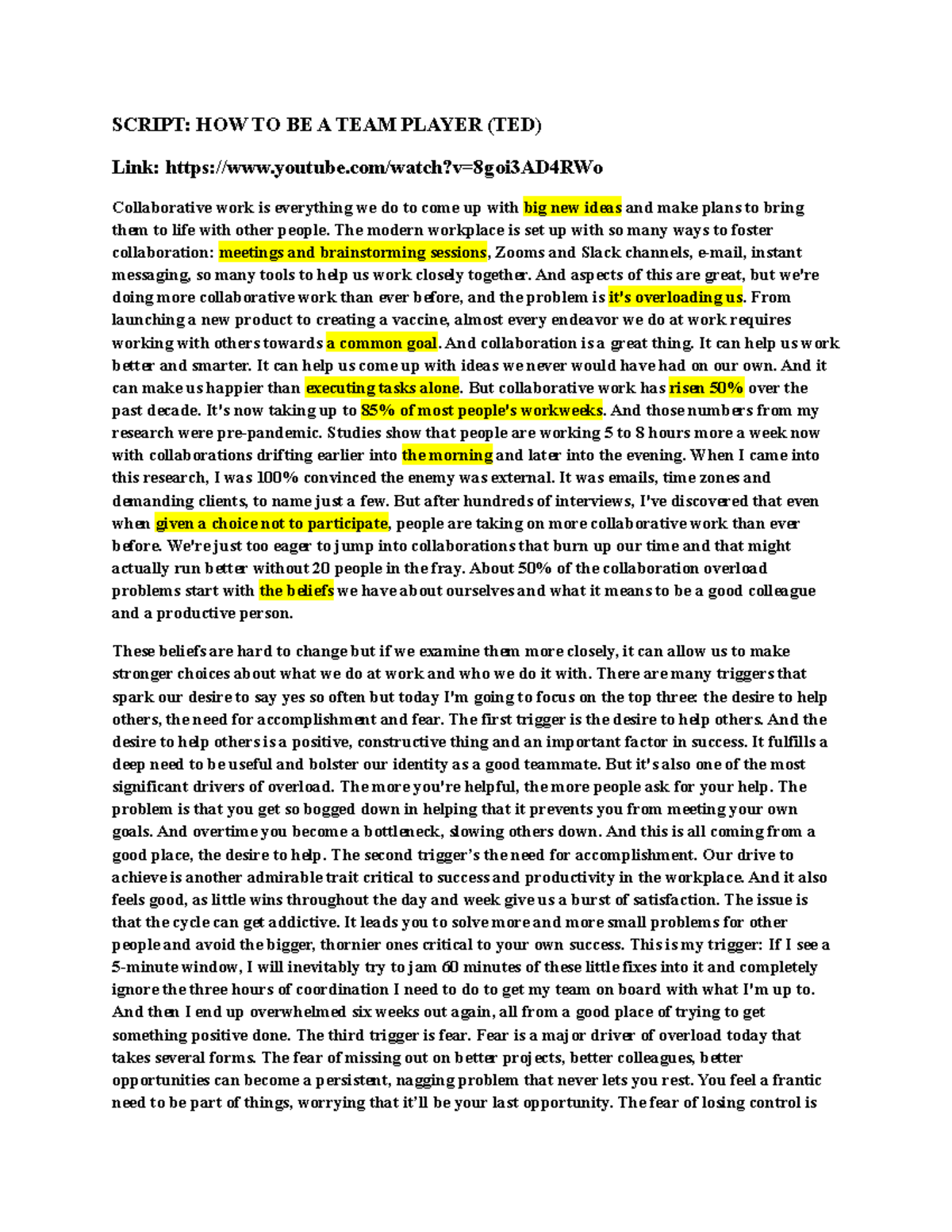 SCRIPT: HOW TO BE A TEAM PLAYER (TED) - Strategies to Manage ...