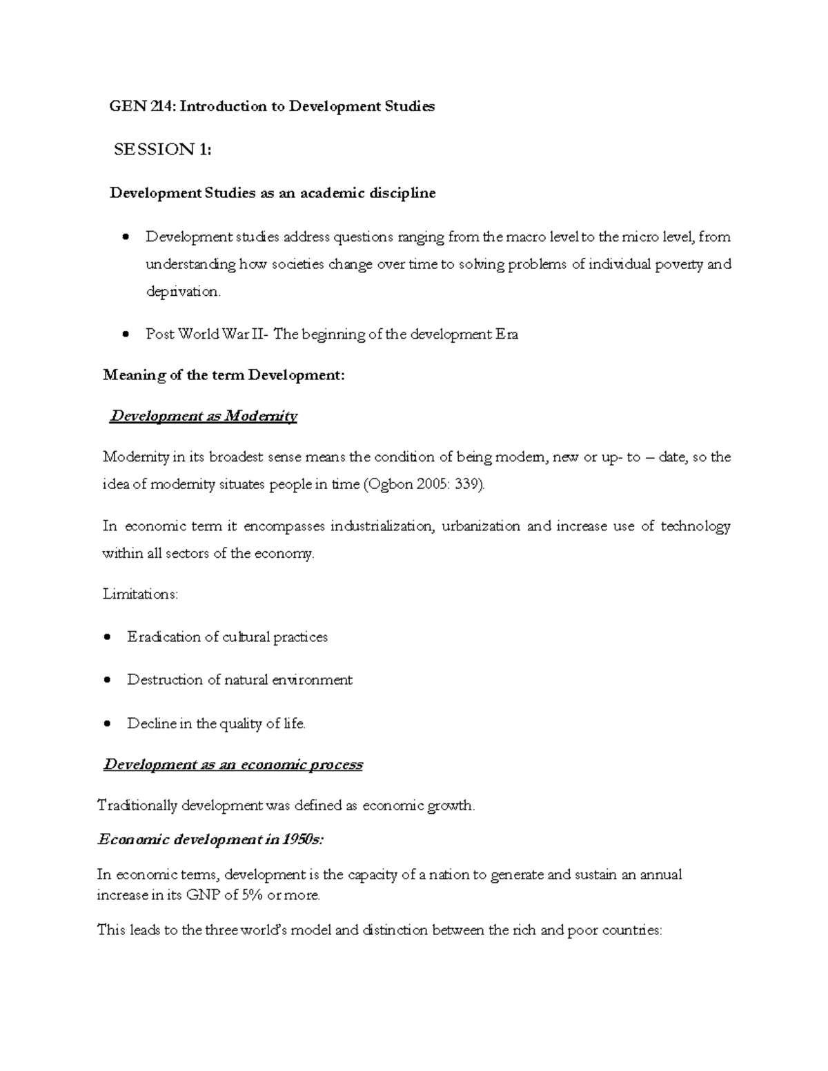 GEN 214: Intro to Development Studies - Session 1 Overview and Concepts ...