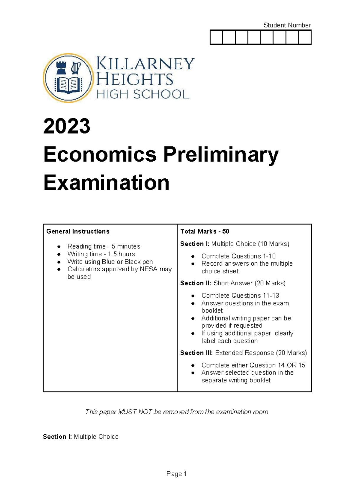 AT3 2023 Economics Preliminary Exam Instructions and Questions - Studocu