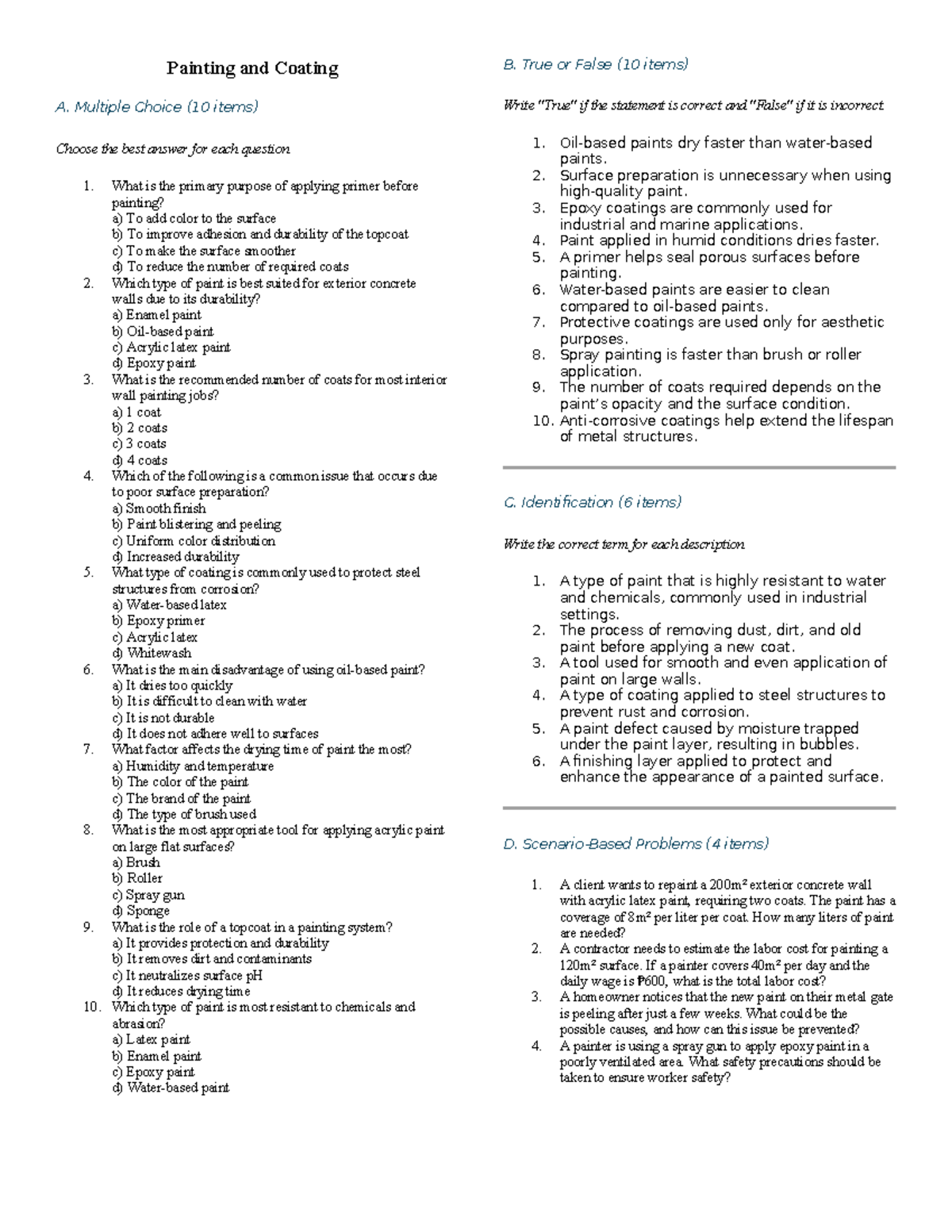 Painting and Coating - MCQs, True/False, and Problems (Finishing Work ...