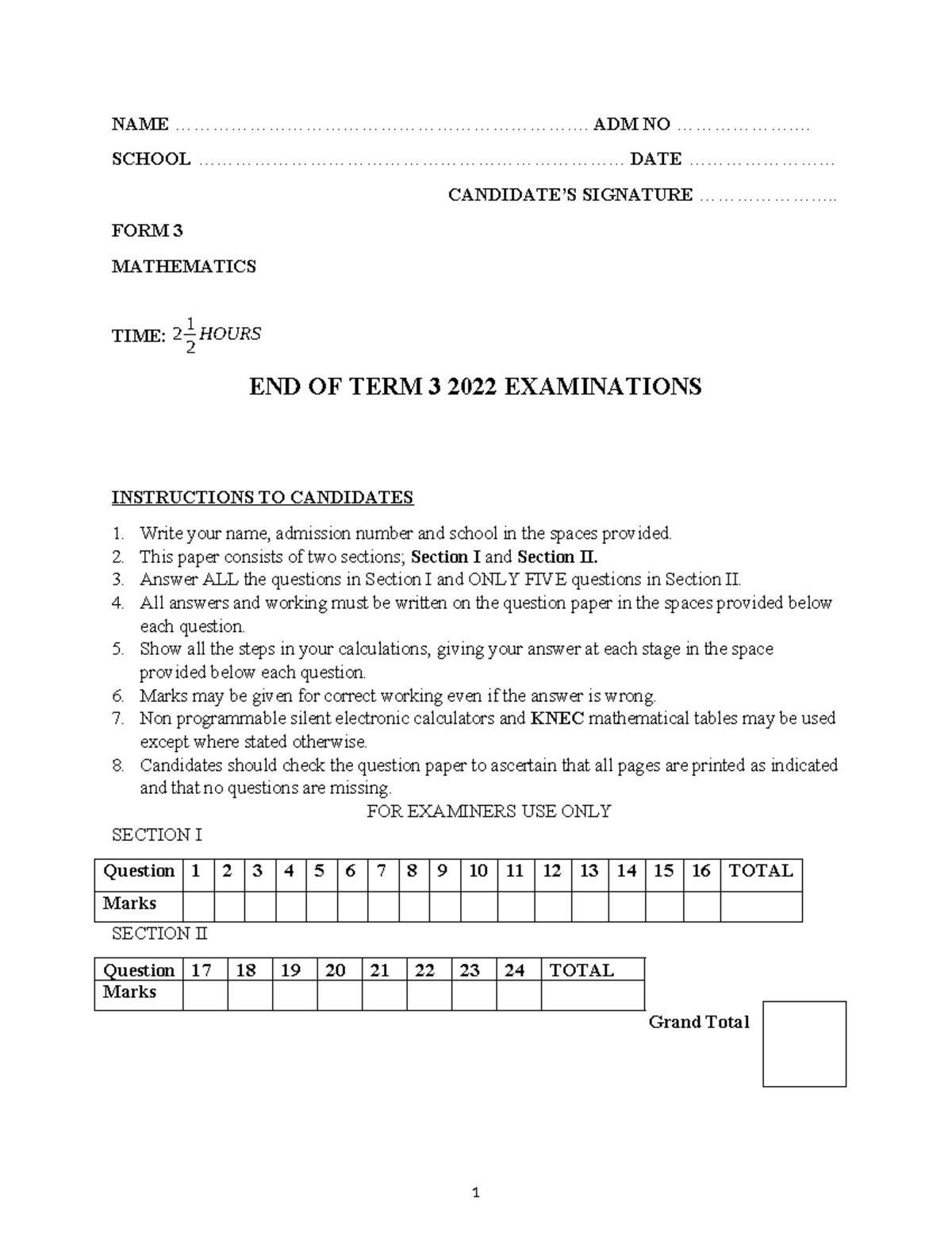 Mathematics Form 3 End of Term 3 2022 Exam Questions and Instructions ...