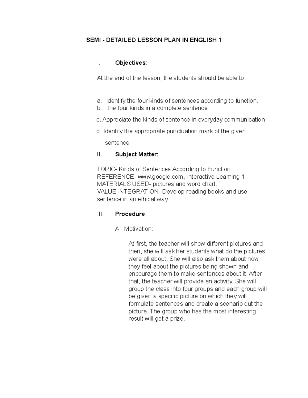 Semi-Detailed Lesson Plan on Kinds of Sentences in English 1 - Studocu