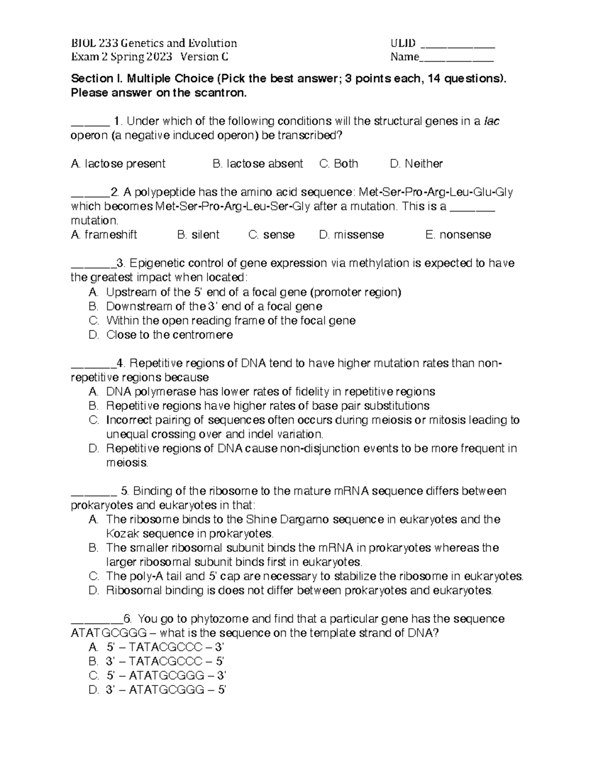 Practice Exam 2 - Exam 2 Spring 2023 Version C Name ...