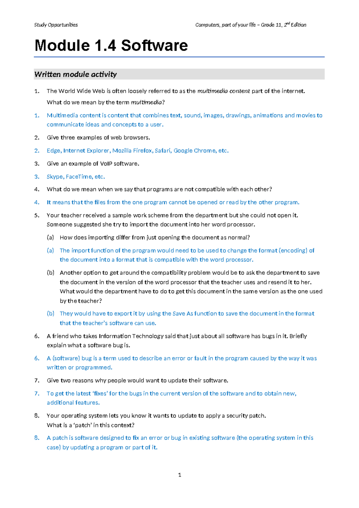 Grade 11 Computers: Module 1 Software Study Responses - Studocu