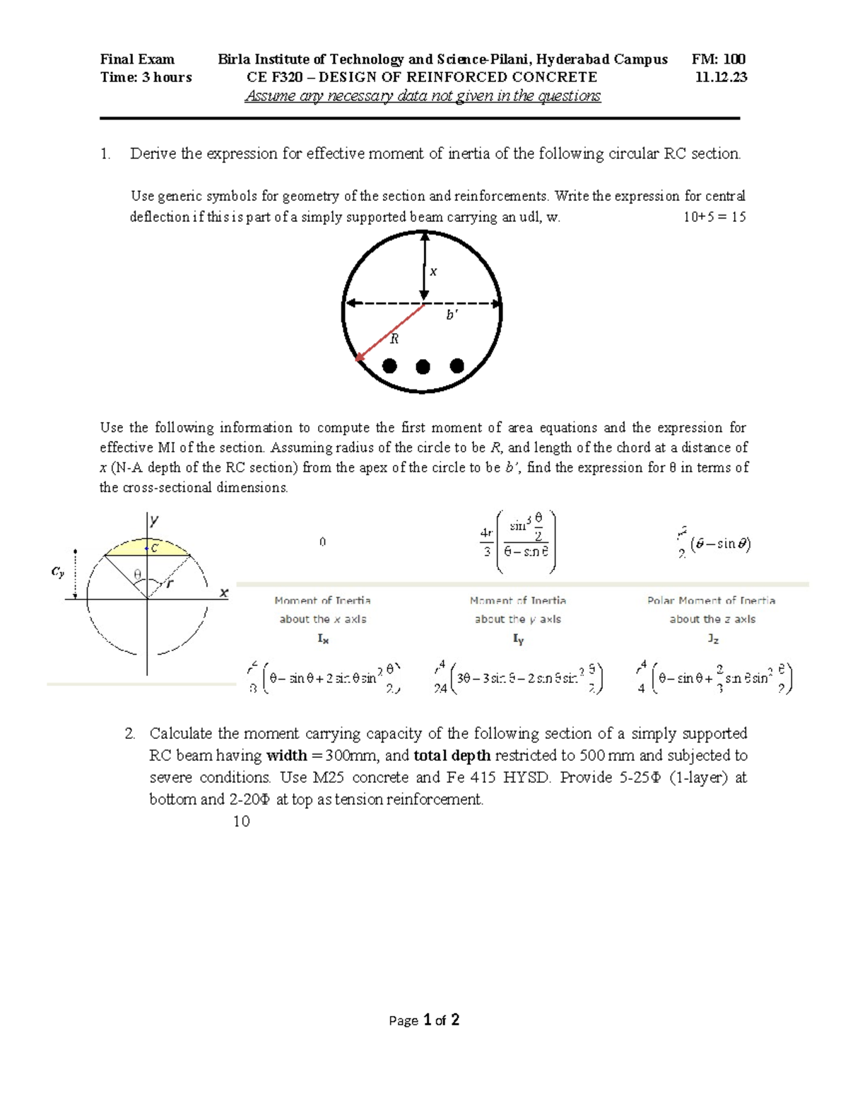 Final Exam CE F320: Design of Reinforced Concrete Concepts - Studocu