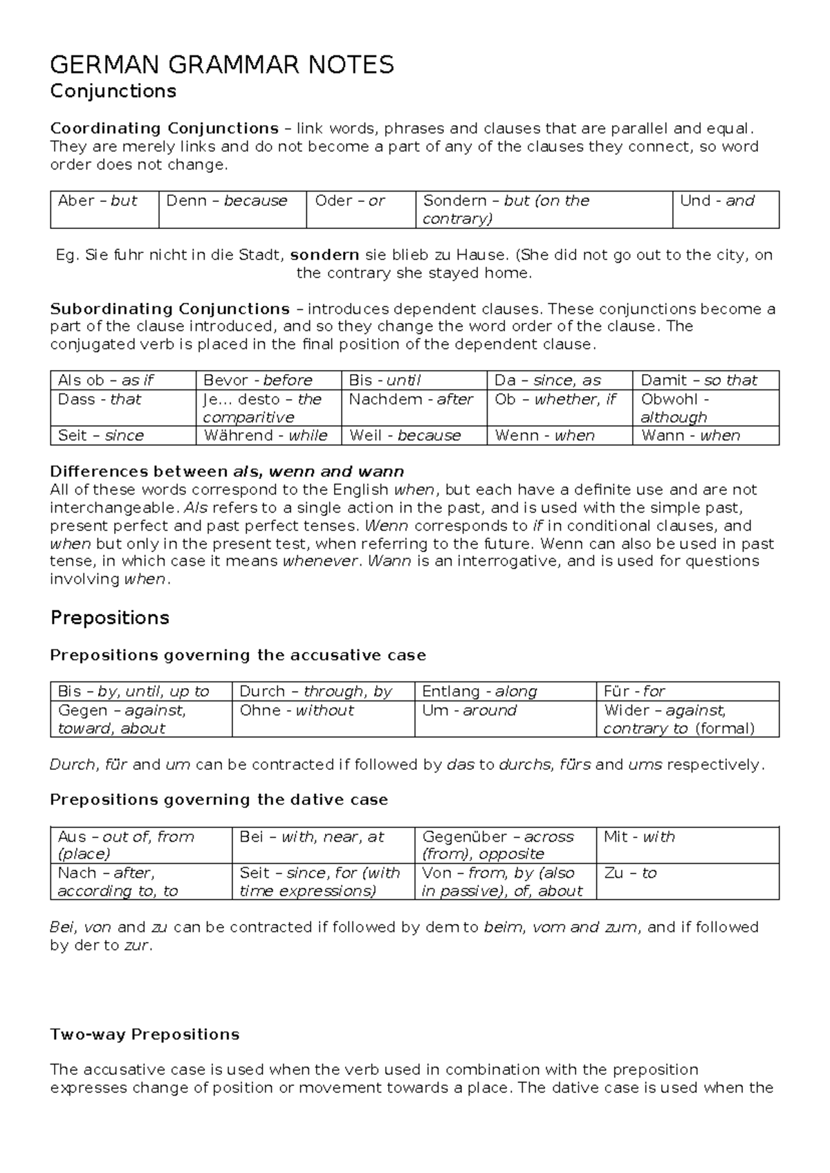 German Grammar Notes - GERMAN GRAMMAR NOTES Conjunctions Coordinating ...