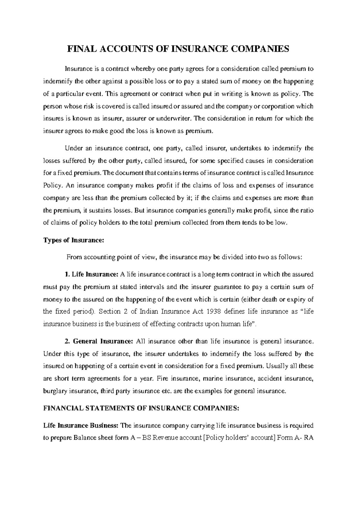 Final Accounts of Insurance Companies: Concepts and Definitions - Studocu