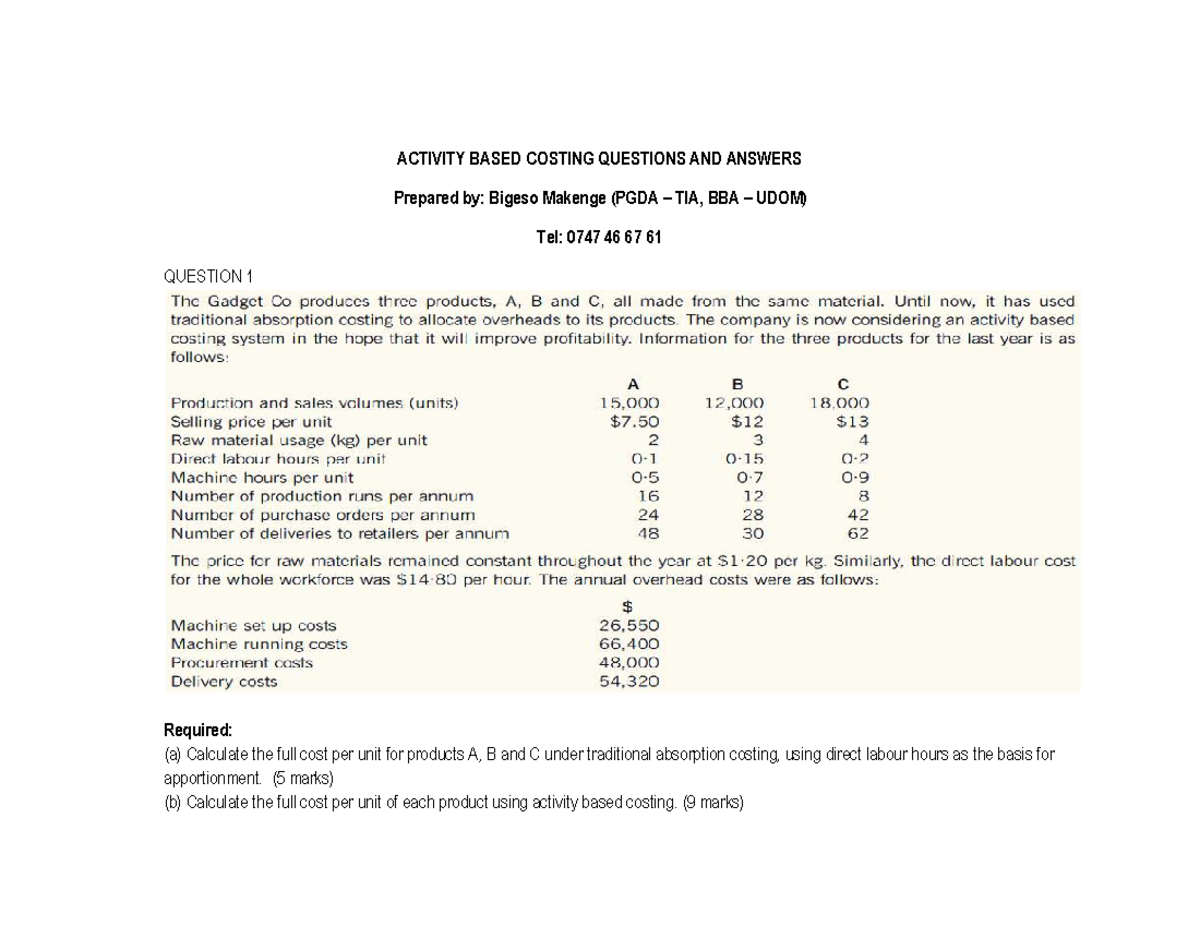 Activity-Based Costing (ABC) Q&A for PGDA TIA & BBA UDOM - Studocu