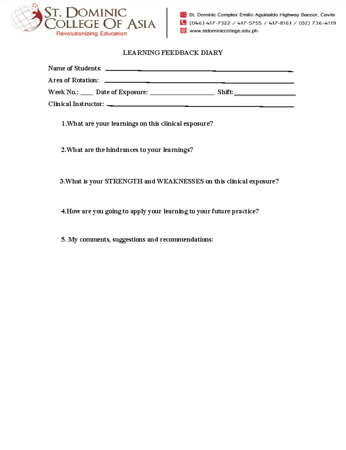 Learning- Feedback- Diary - Introduction to Nursing - LEARNING FEEDBACK ...