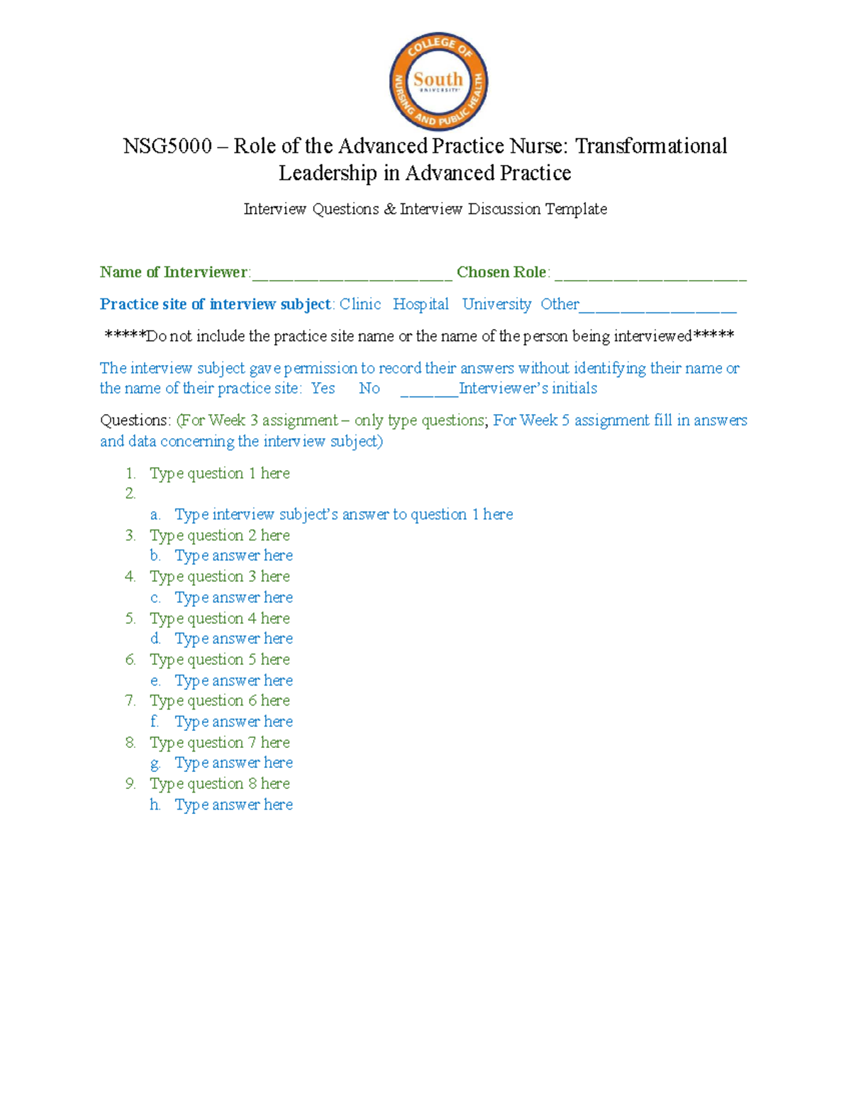 APN 101: Transformational Leadership Interview Questions Template - Studocu