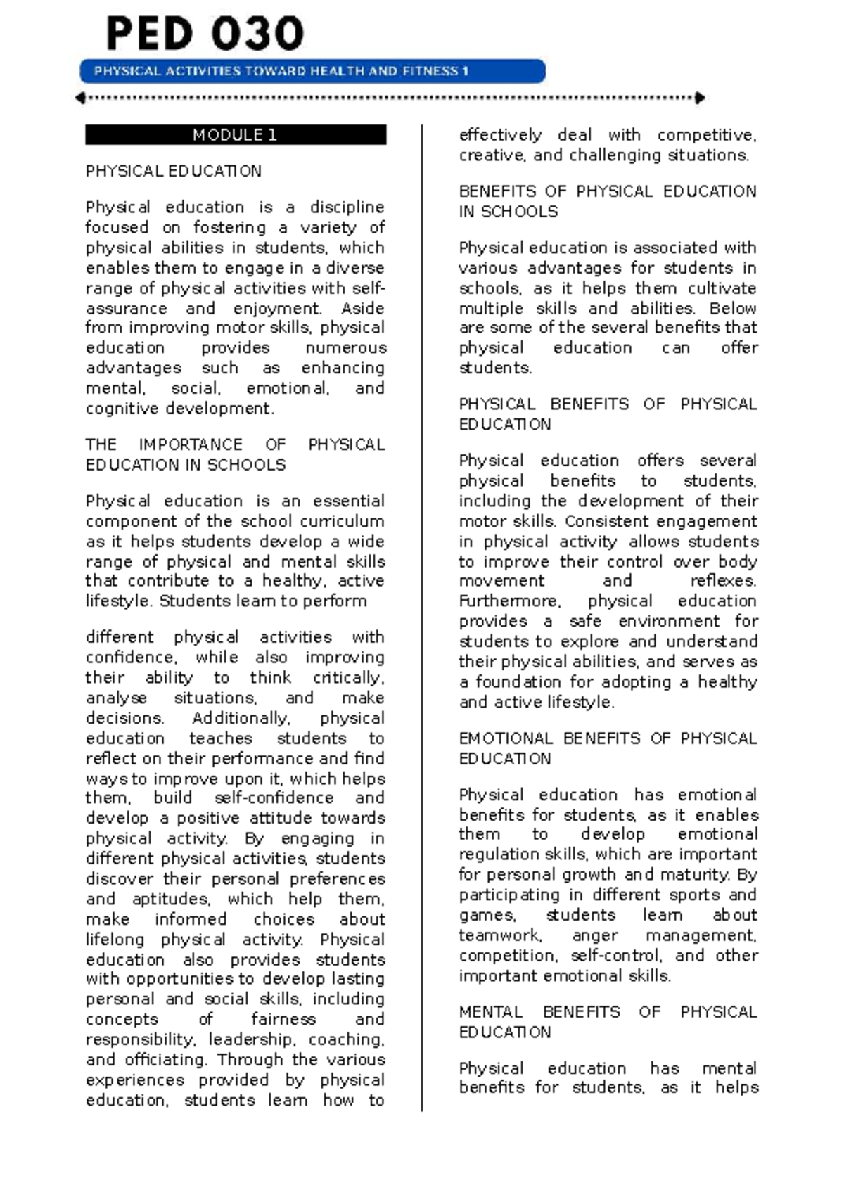 PED 030 - Importance of Physical Education for Health & Fitness - Studocu