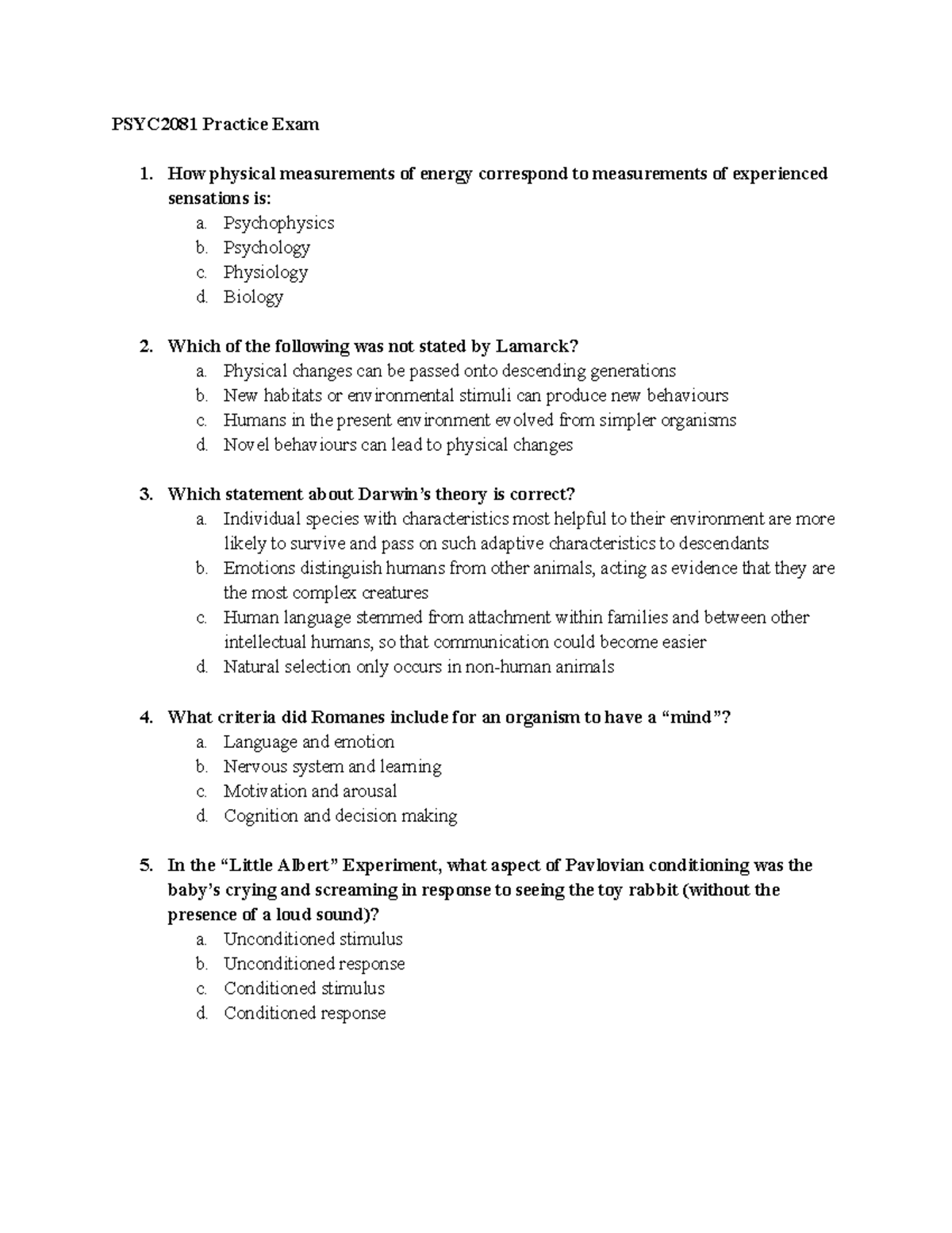 2021 PSYC2081 - Practice Final Exam Questions and Answers - Studocu