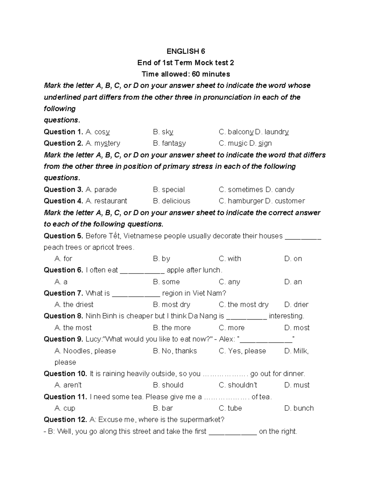 ENGLISH 6 End of 1st Term Mock Test 2 - Grammar Practice - Studocu