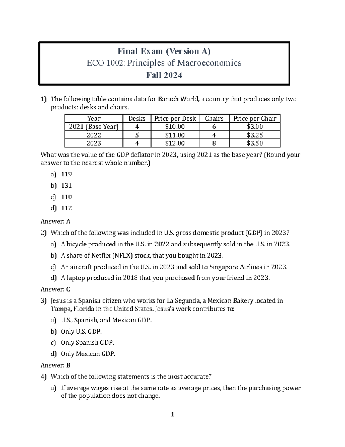 Final Exam (Version A) - ECO 1002: Principles of Macroeconomics 2024 ...