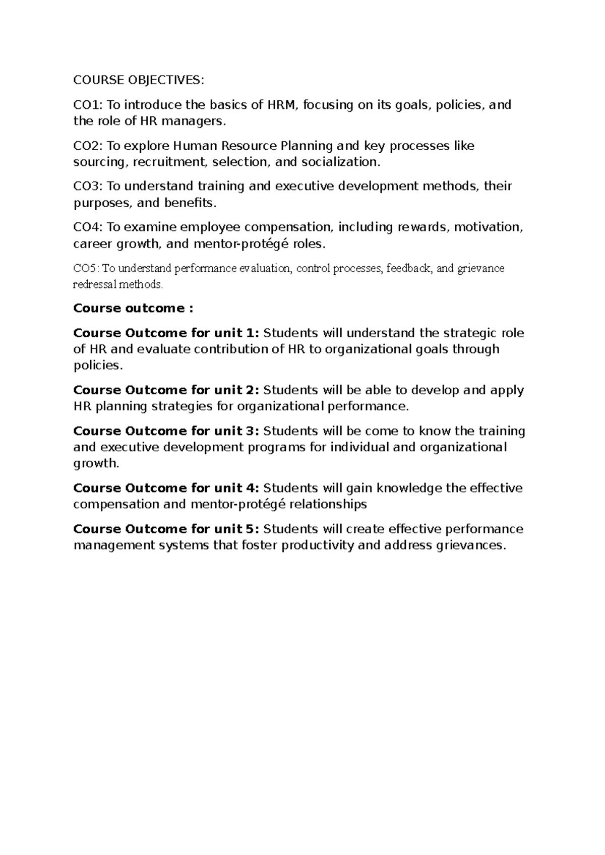 HRM Course Objectives and Outcomes Overview - Studocu