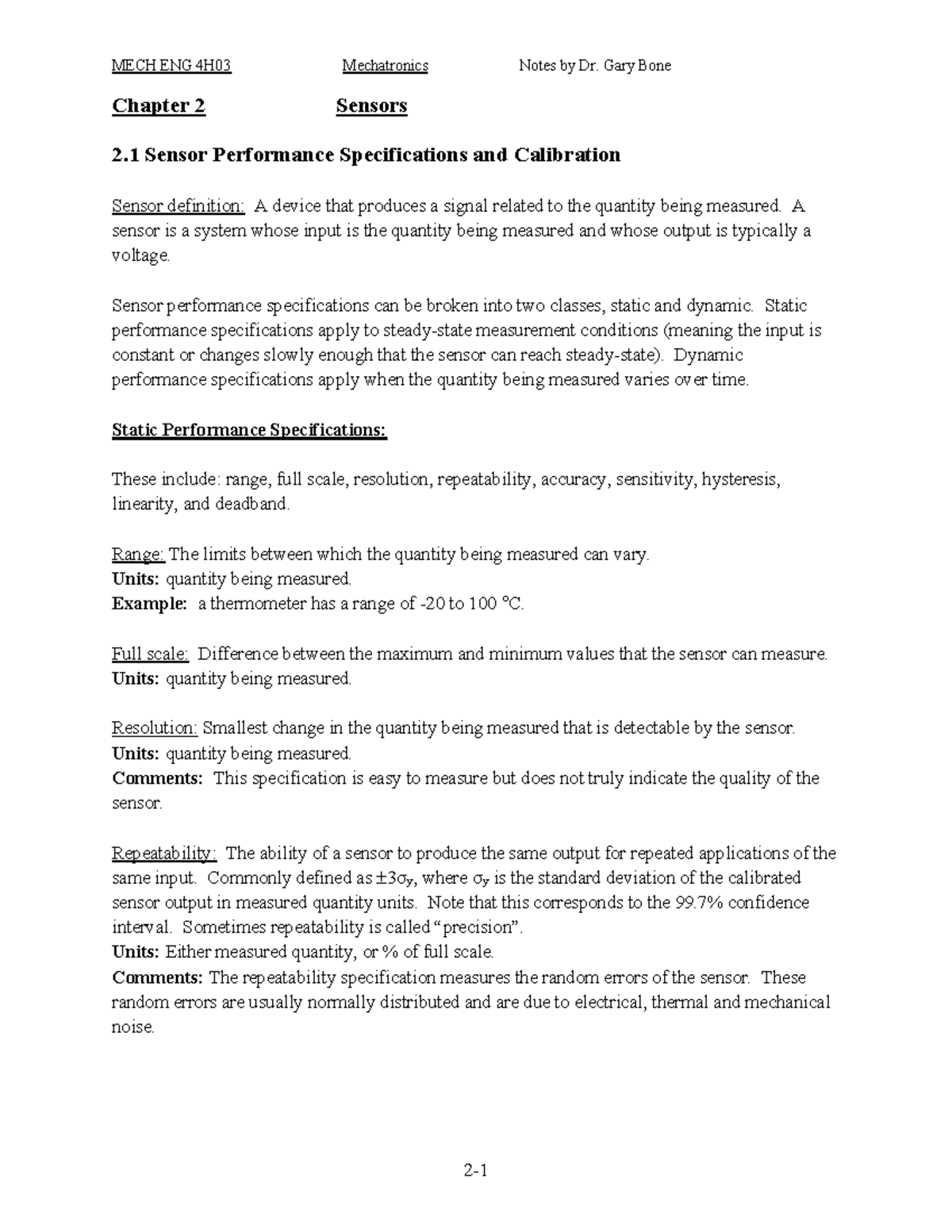 4H03 Chapter 2 - chp 2 lec notes - Chapter 2 Sensors 2 Sensor ...