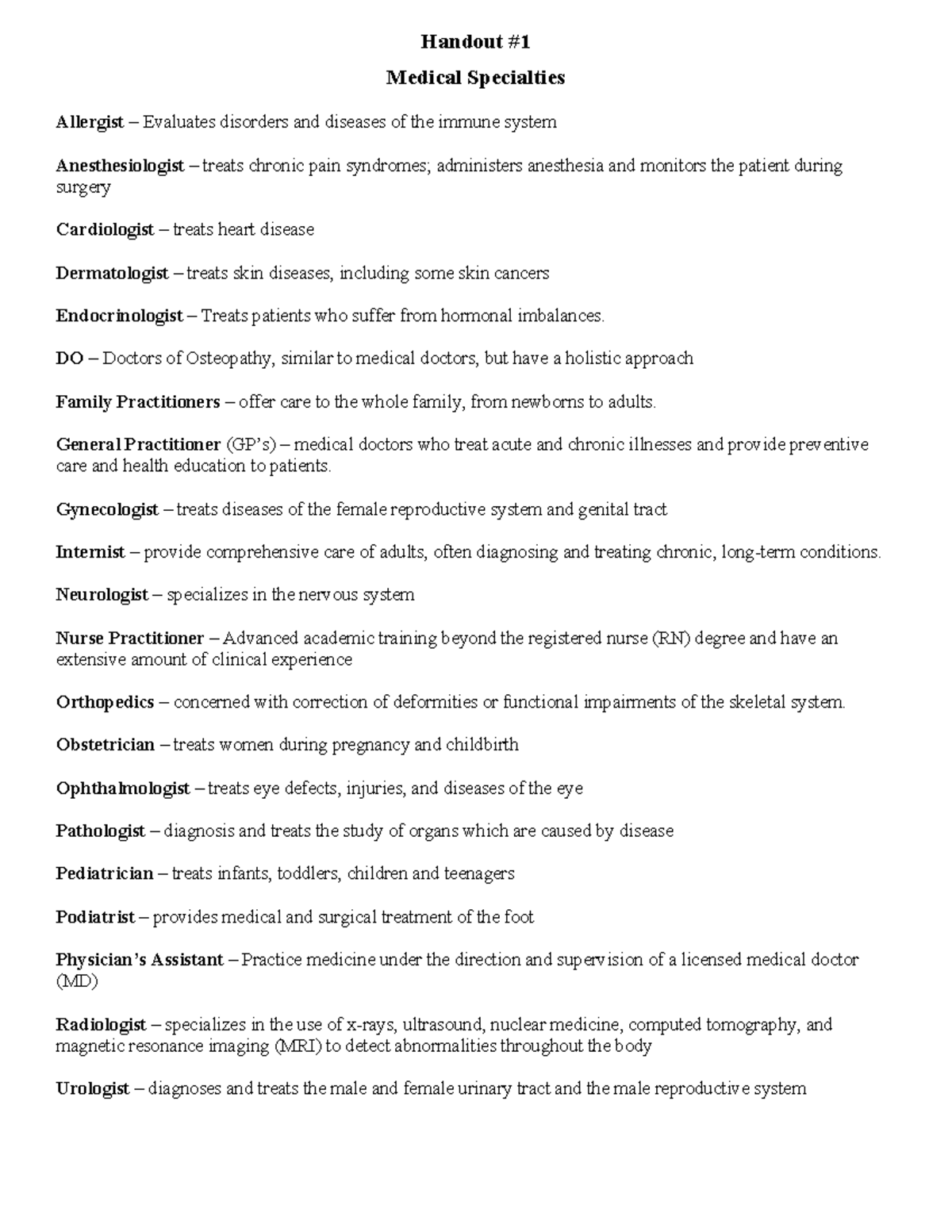 Medical Specialties Overview Handout - Key Course Code Insights - Studocu