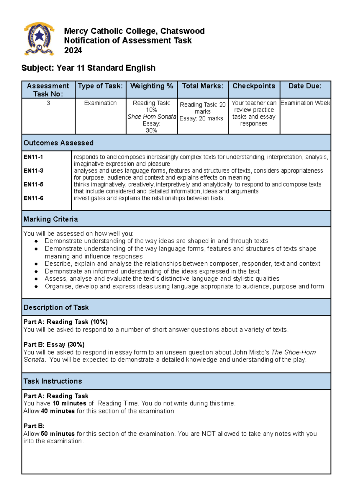 Year 11 Std English 2024 End of Year Exam Notification - Studocu