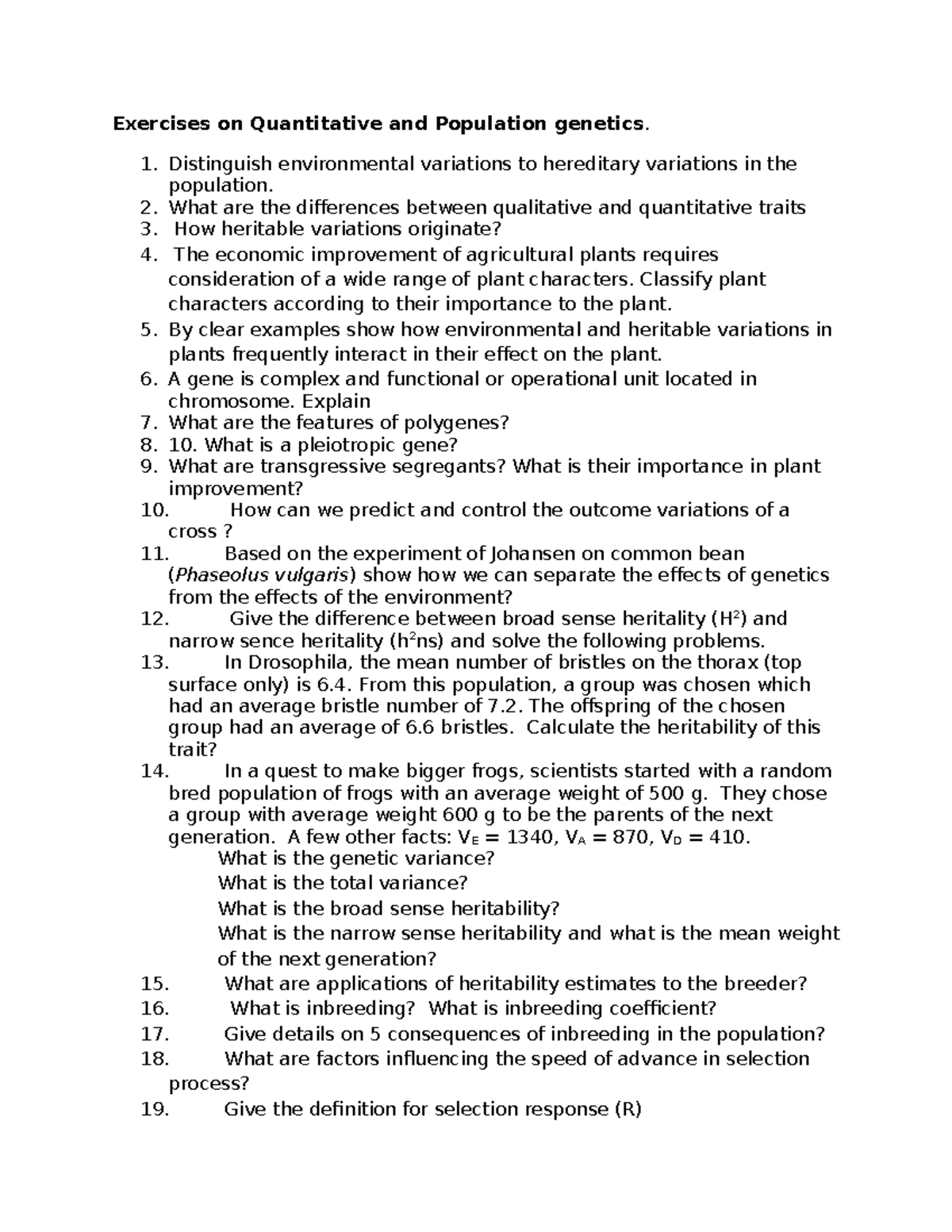 Exercises on Quantitative & Population Genetics (2026) - Studocu