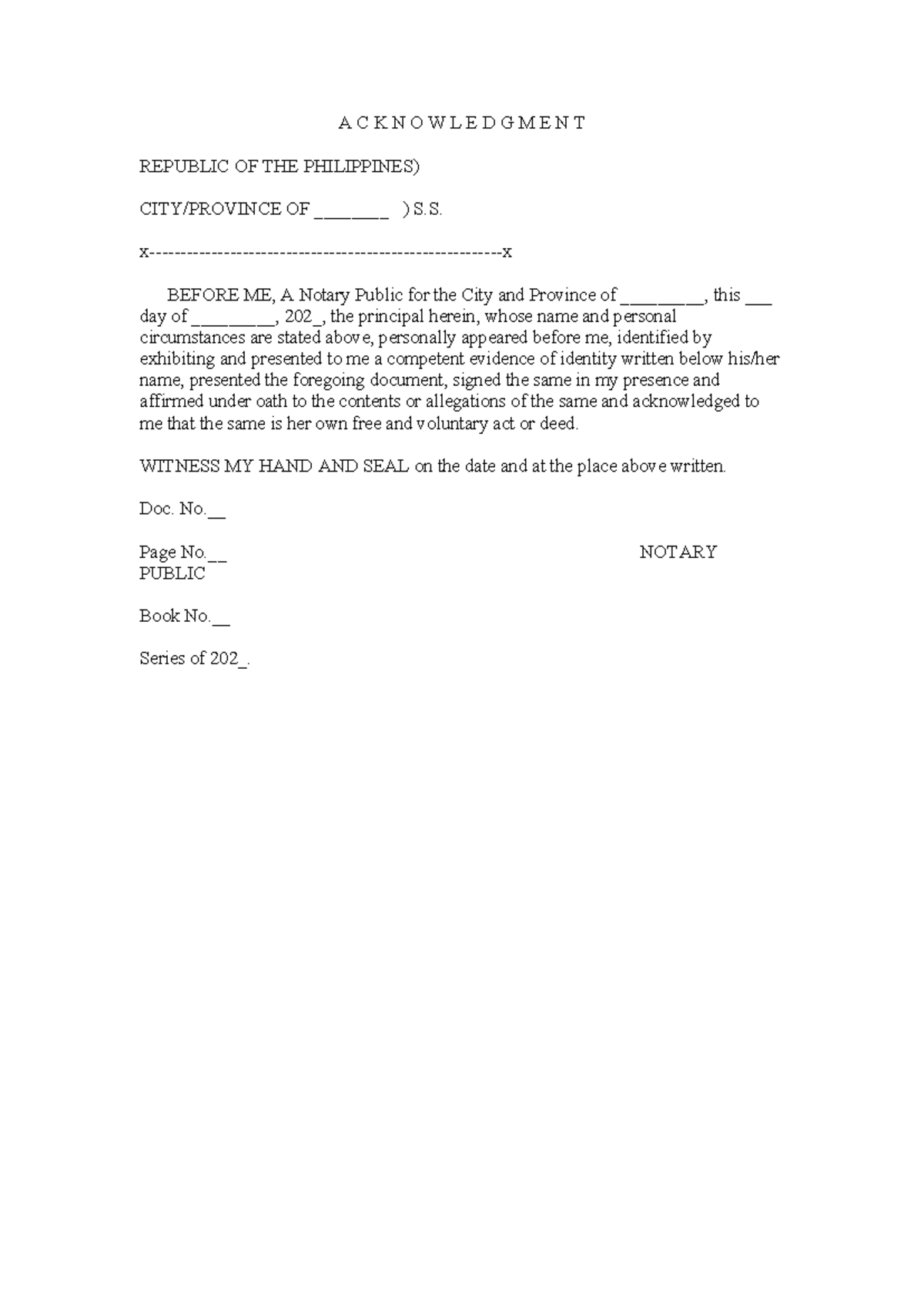 ACKNOWLEDGMENT DOCUMENT - NOTARY PUBLIC FORM - Studocu