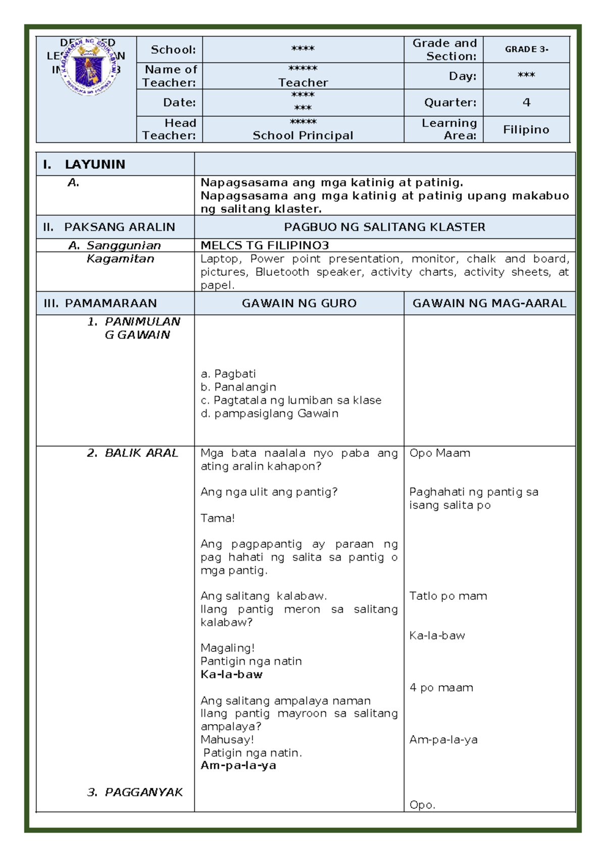 Q4. Filipino 3 Lesson Plan on Salitang Klaster DLP - Studocu