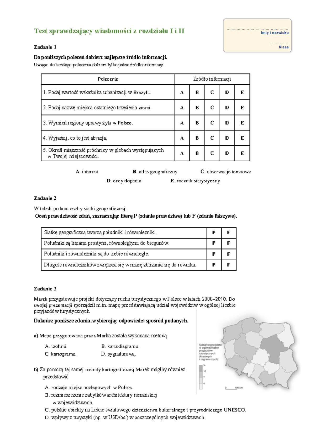 Klasa 6 Współrzędne - Test sprawdzający wiadomości z rozdziału I i II
