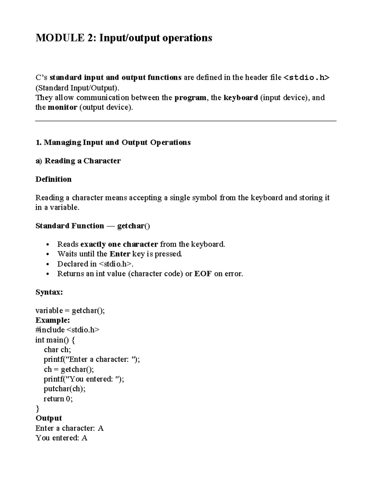 Module 2: AI Notes on Standard Input/Output Functions - Studocu