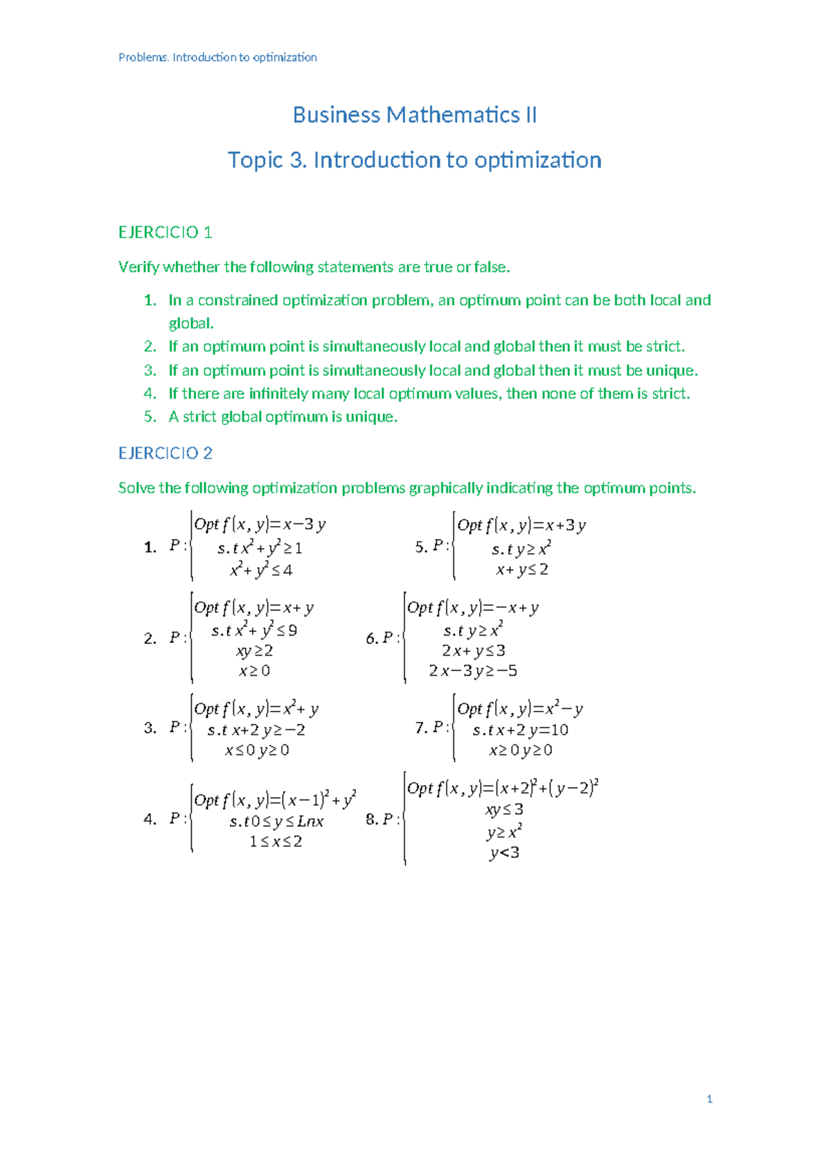 Business Mathematics II: Optimization Problems Set 3 - Studocu