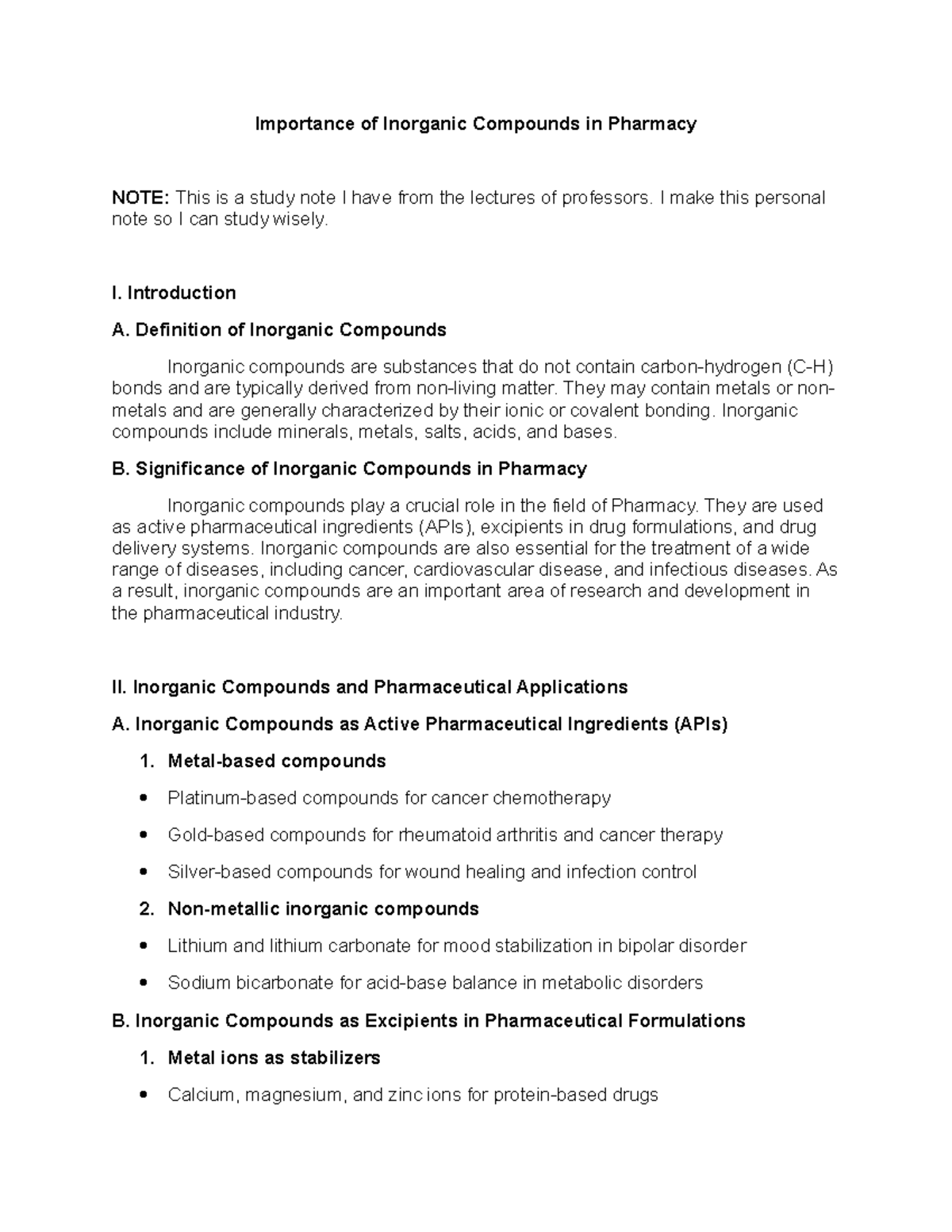Importance of Inorganic Compounds in Pharmacy (PHAR 101 Study Notes ...