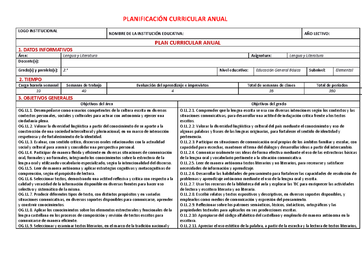 Planificación Curricular Anual de Lengua y Literatura - PCA L - Studocu