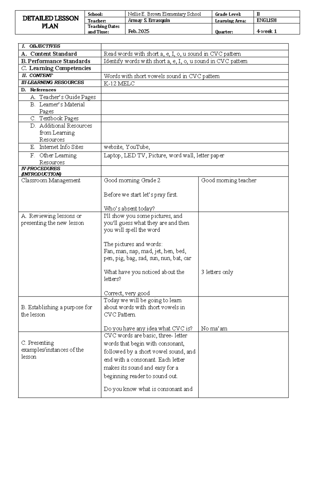 English 4-1 - lesson plan - I. OBJECTIVES A. Content Standard Read ...