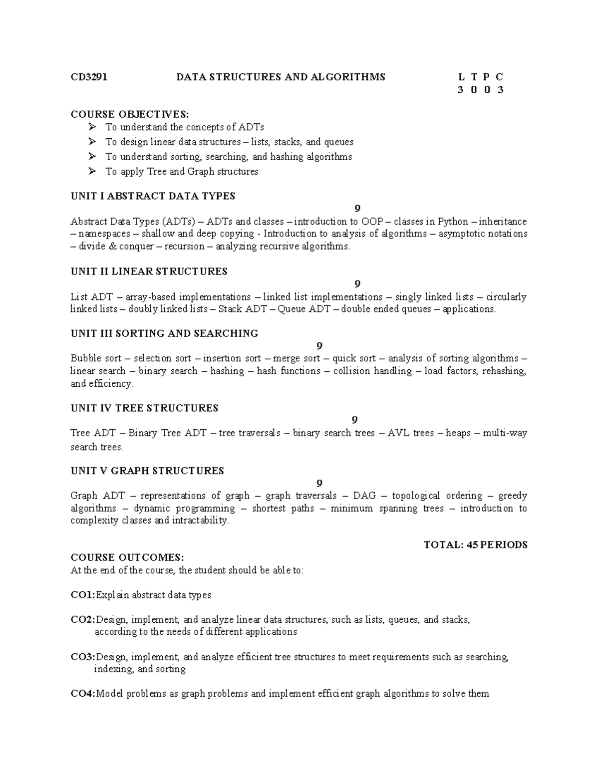 CD3291 DATA Structures AND Algorithms Syllbus with copo - CD3291 DATA ...