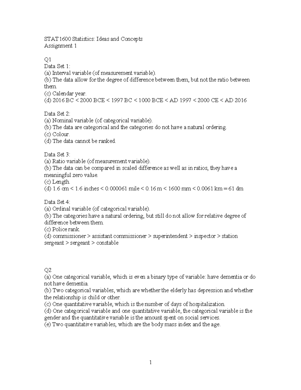STAT1600 Assignment 1 Solutions - Detailed Answers and Analysis - Studocu