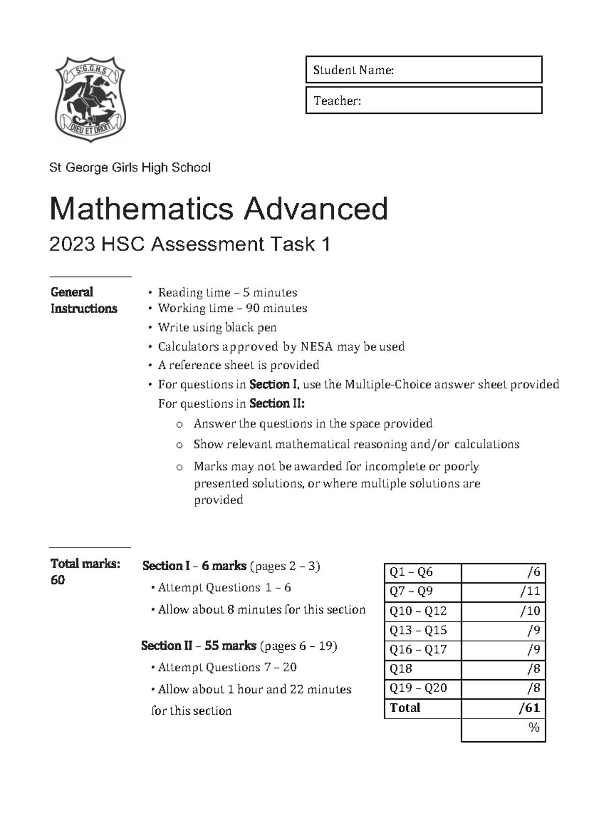 2022-2023 YR12 ADV HSC Mathematics AT1 Assessment Task Notes - Studocu