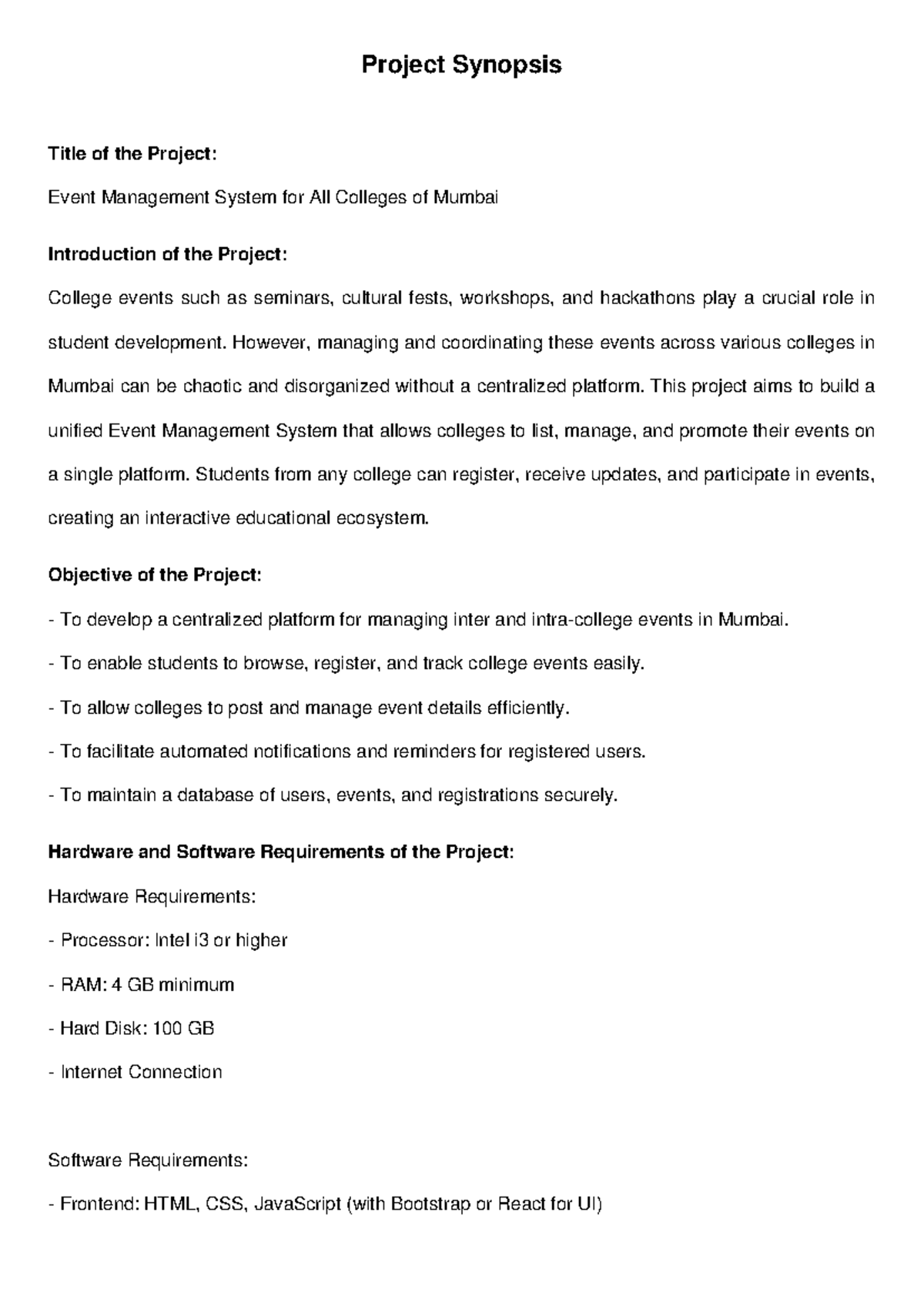 Event Management System Project Synopsis (Roll No 25) - Studocu