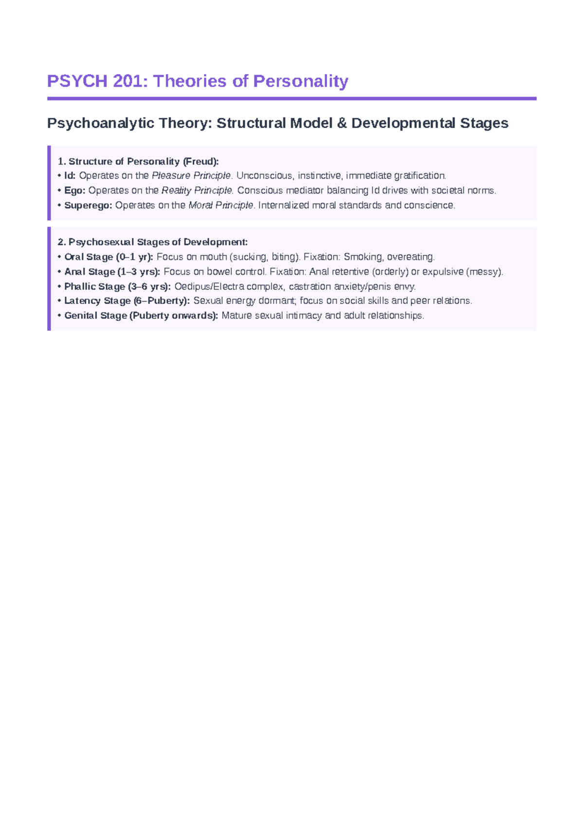 PSYCH 201: Freud's Personality Theories & Psychosexual Stages - Studocu