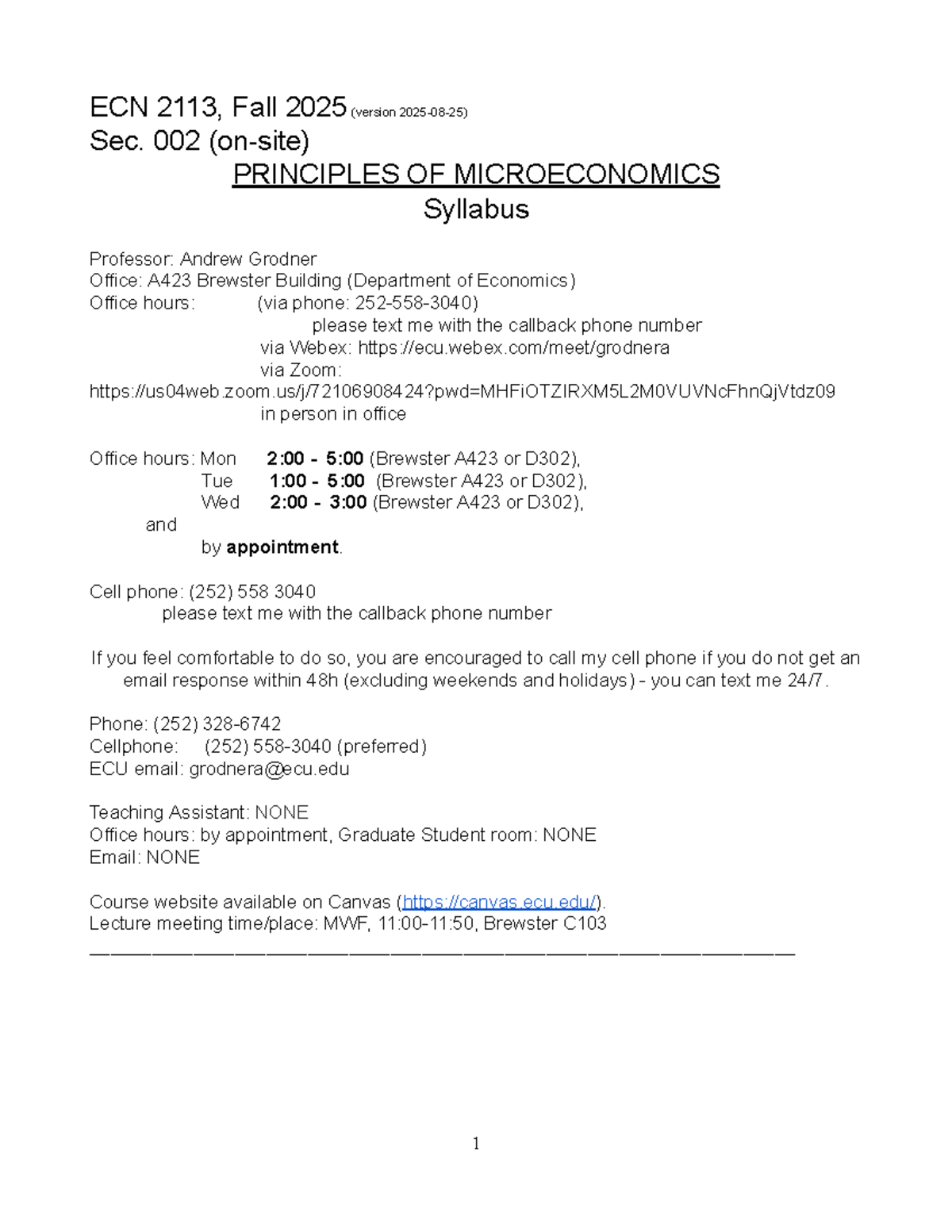 ECN 2113.002 Principles of Microeconomics Syllabus - Fall 2025 - Studocu