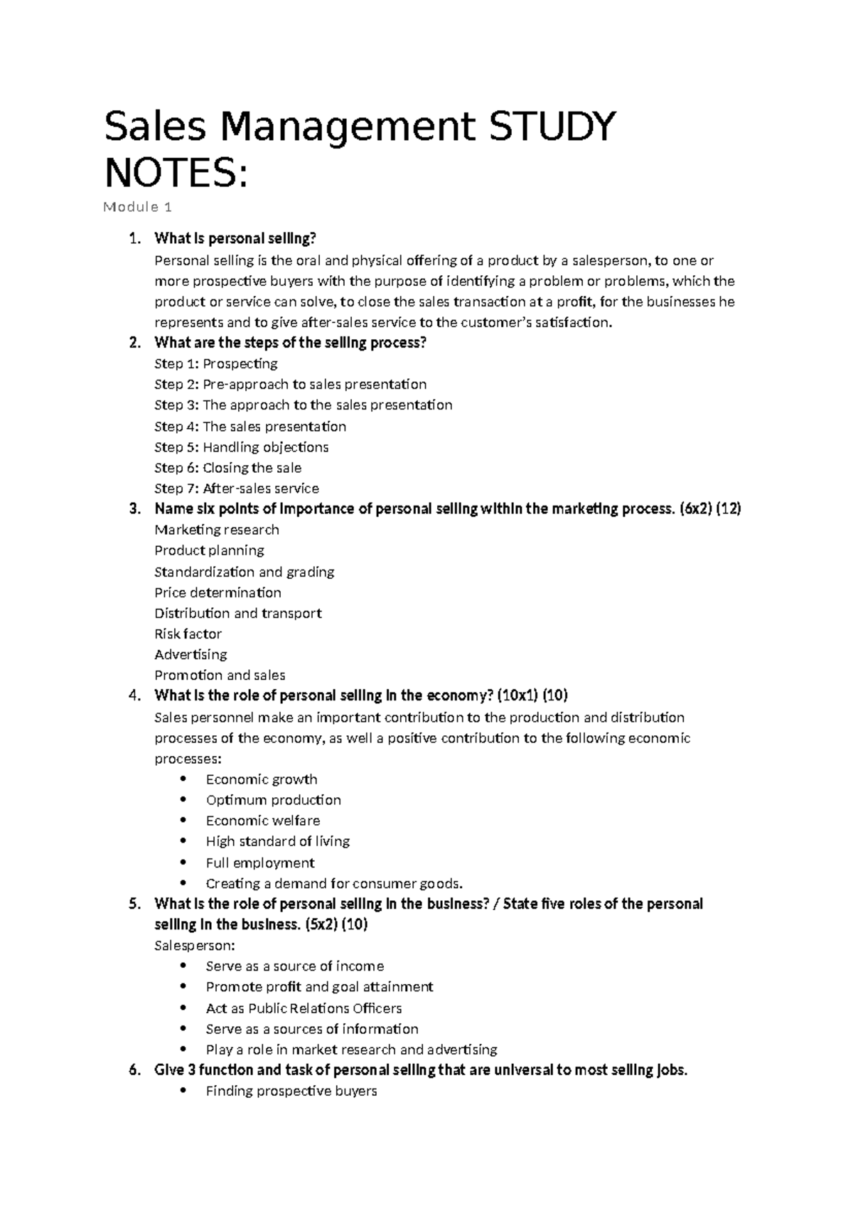 Sales Management Study Notes: Key Concepts & Techniques - Studocu