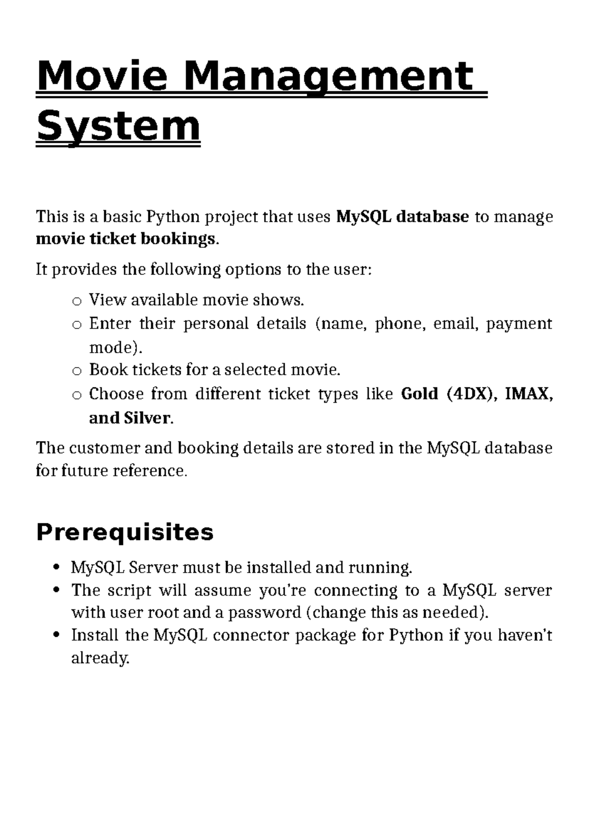 Movie Ticket Management System: A Python & MySQL Project - Studocu