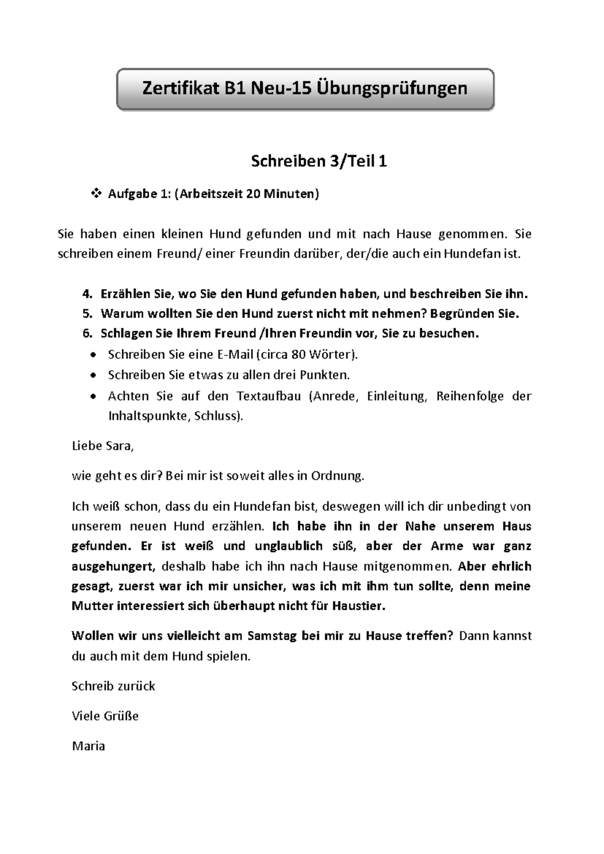 Zertifikat B1 Übungsprüfungen Schreiben: Hund gefunden - Aufgabe 1 - Studocu, image size:1200x1696