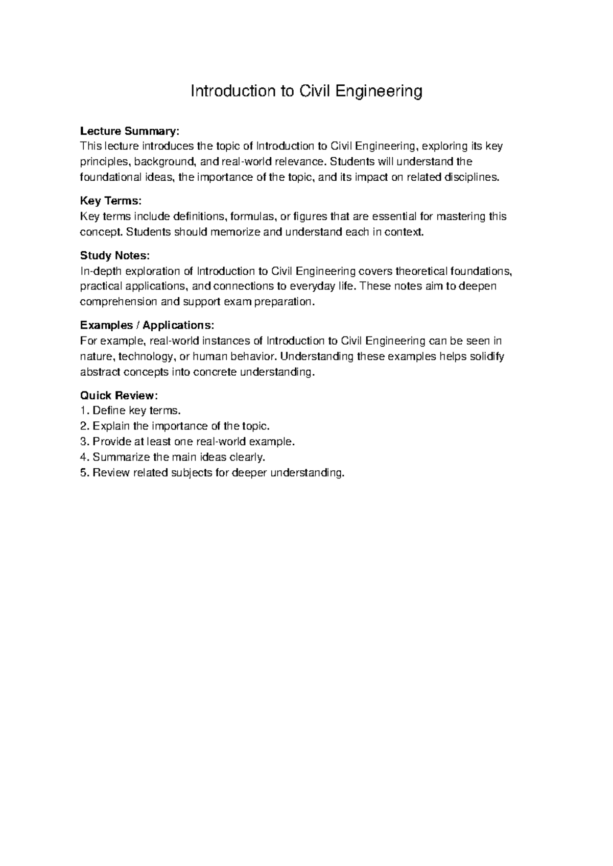 CIV 101: Intro to Civil Engineering Lecture Summary & Study Notes - Studocu