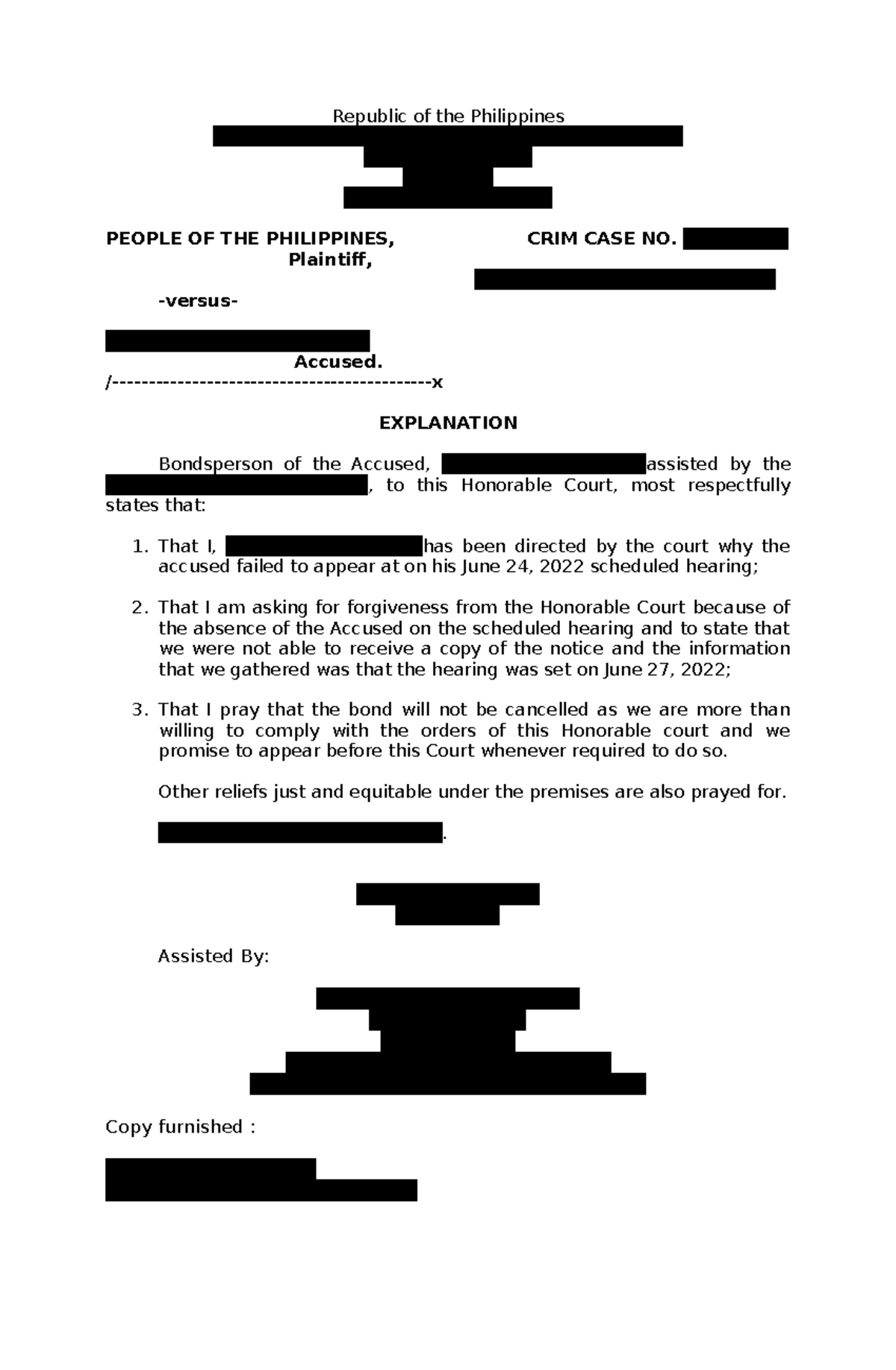 Court Explanation Sample - Criminal Case No. 2022 - People of the ...
