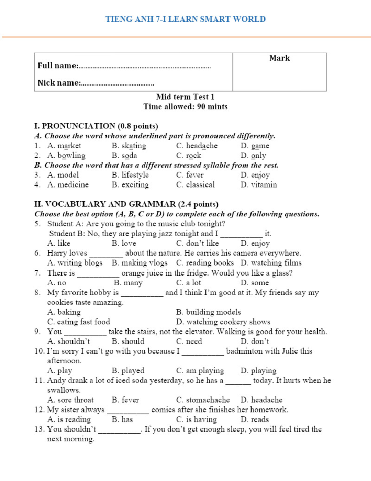 TIENG ANH SMART WORLD MIDTERM TEST 1 REVIEW AND ANSWER KEY - Studocu