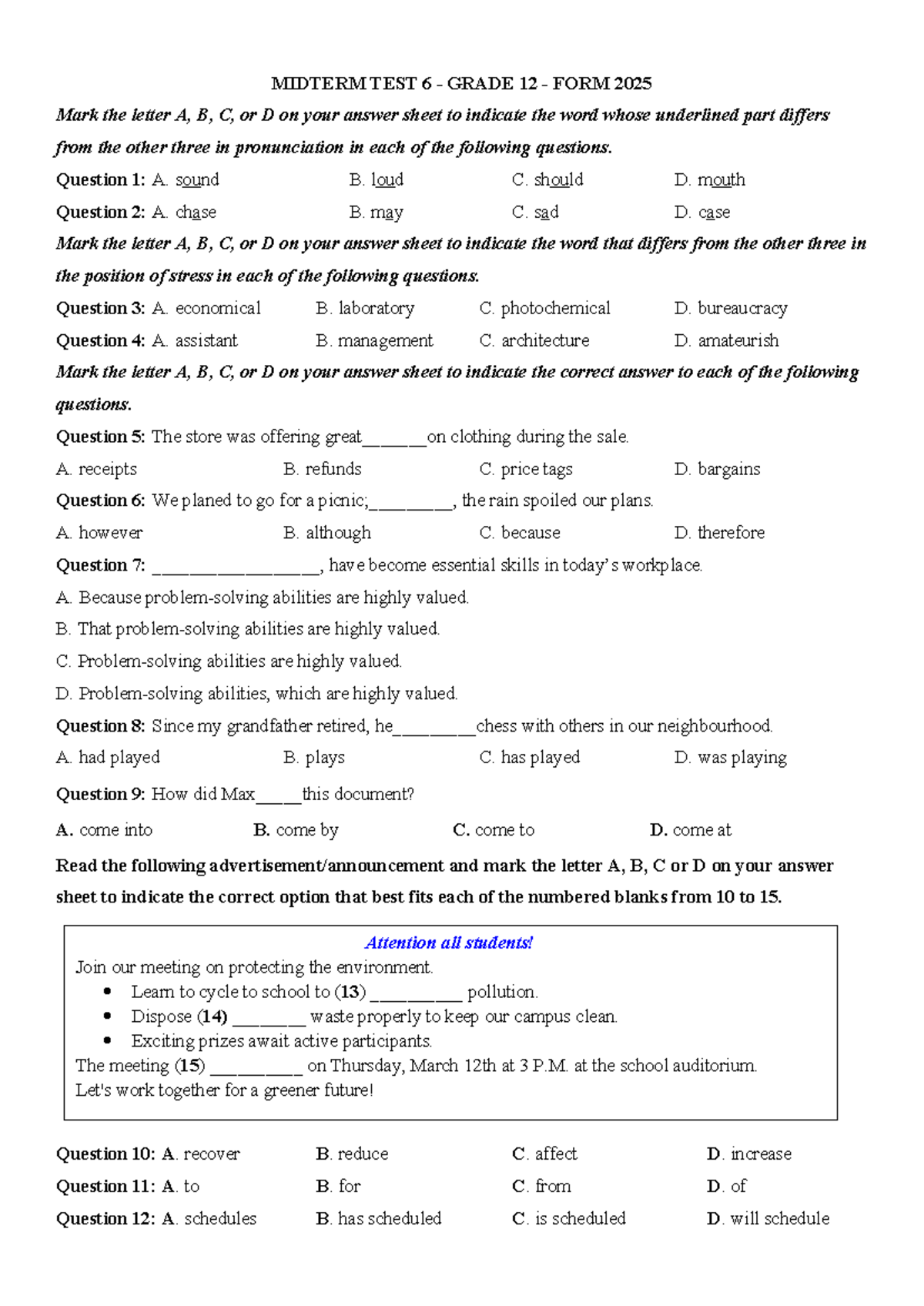 MIDTERM TEST 6 GRADE 12 FORM 2025: Listening & Vocabulary Questions ...