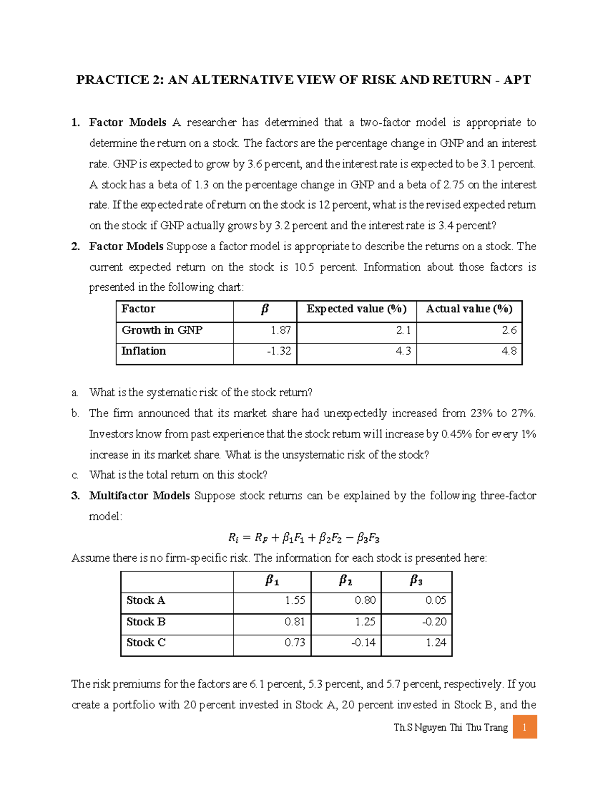 PRACTICE 2: APT Factor Models on Risk & Return Analysis - Studocu