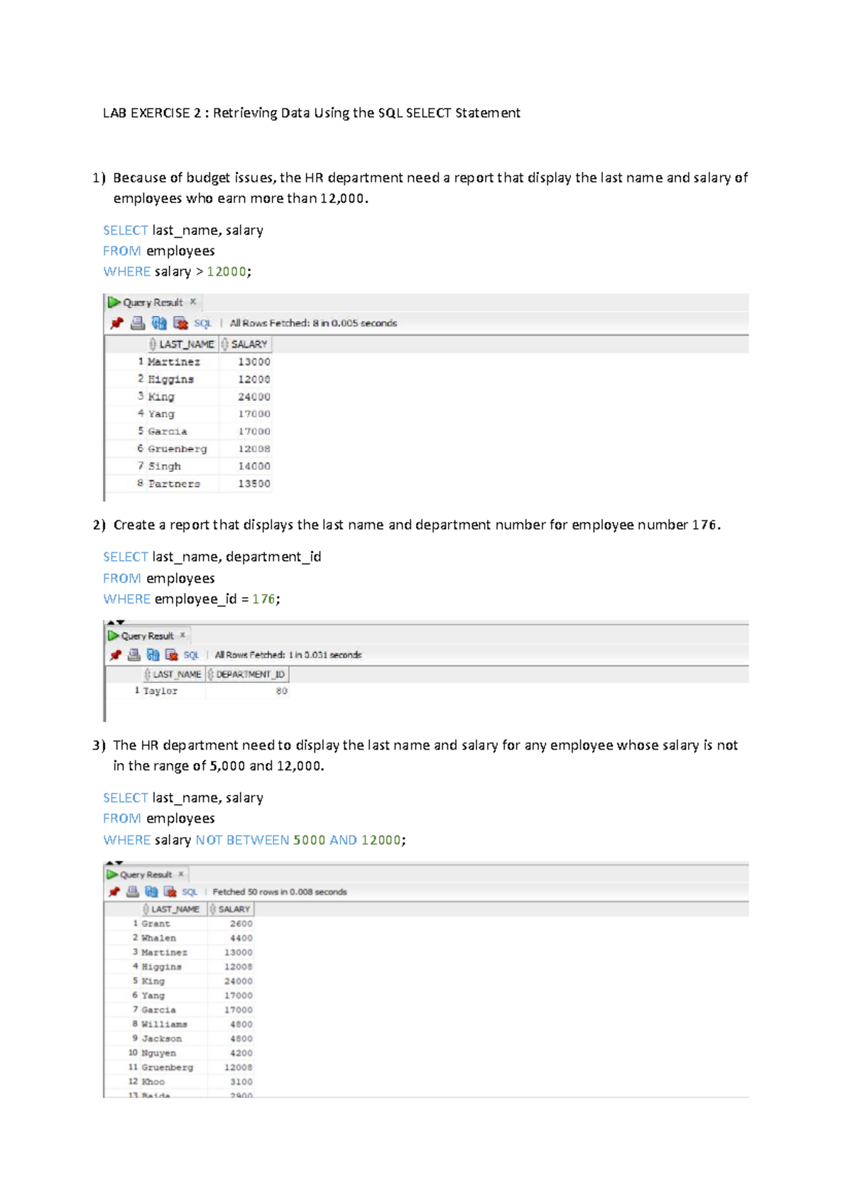 LAB EXERCISE 2: SQL SELECT Statement Data Retrieval Techniques - Studocu