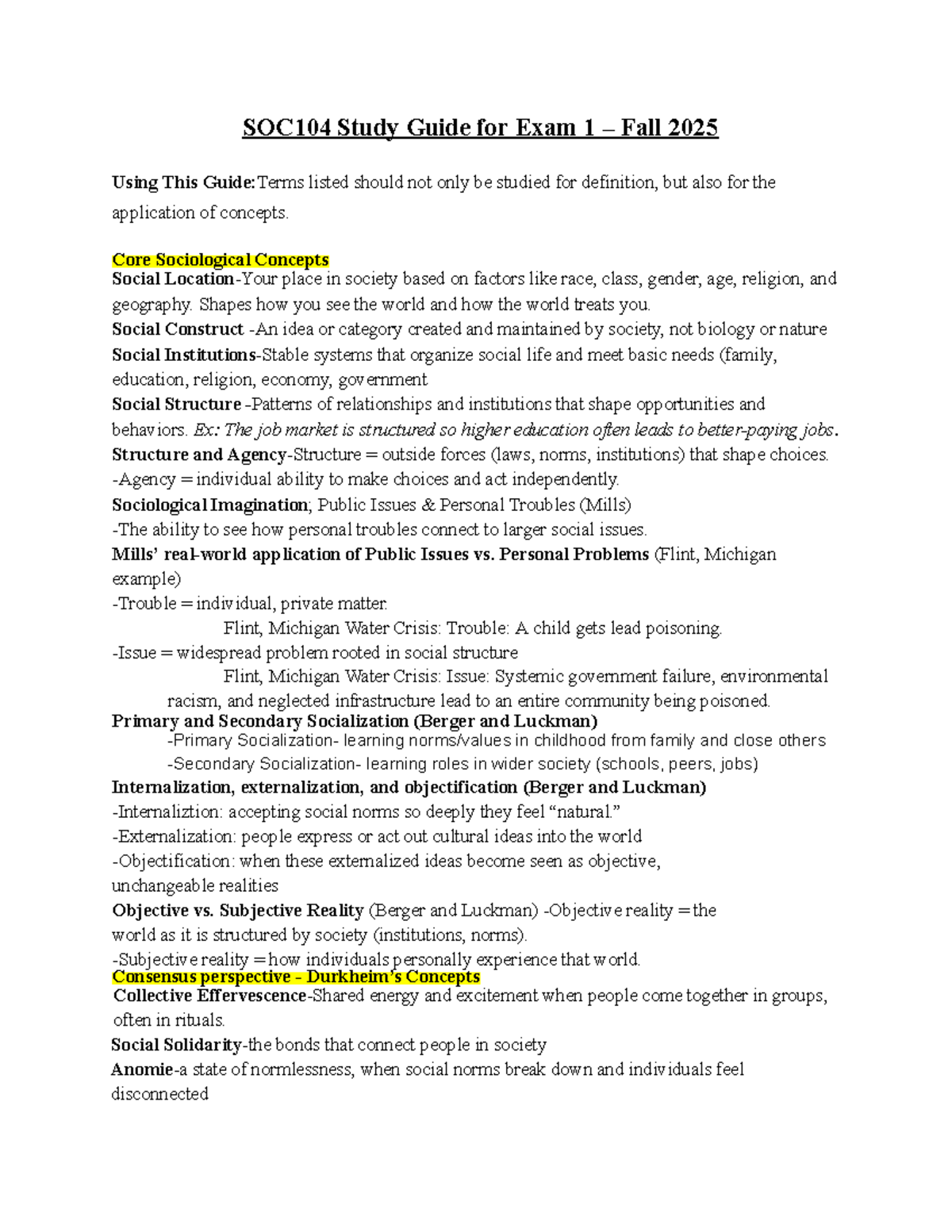 SOC104 Study Guide for Exam 1 – Fall 2025: Key Concepts & Q&A - Studocu