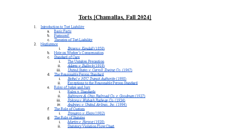 Torts Outline 2024: Key Concepts and Case Summaries - Studocu